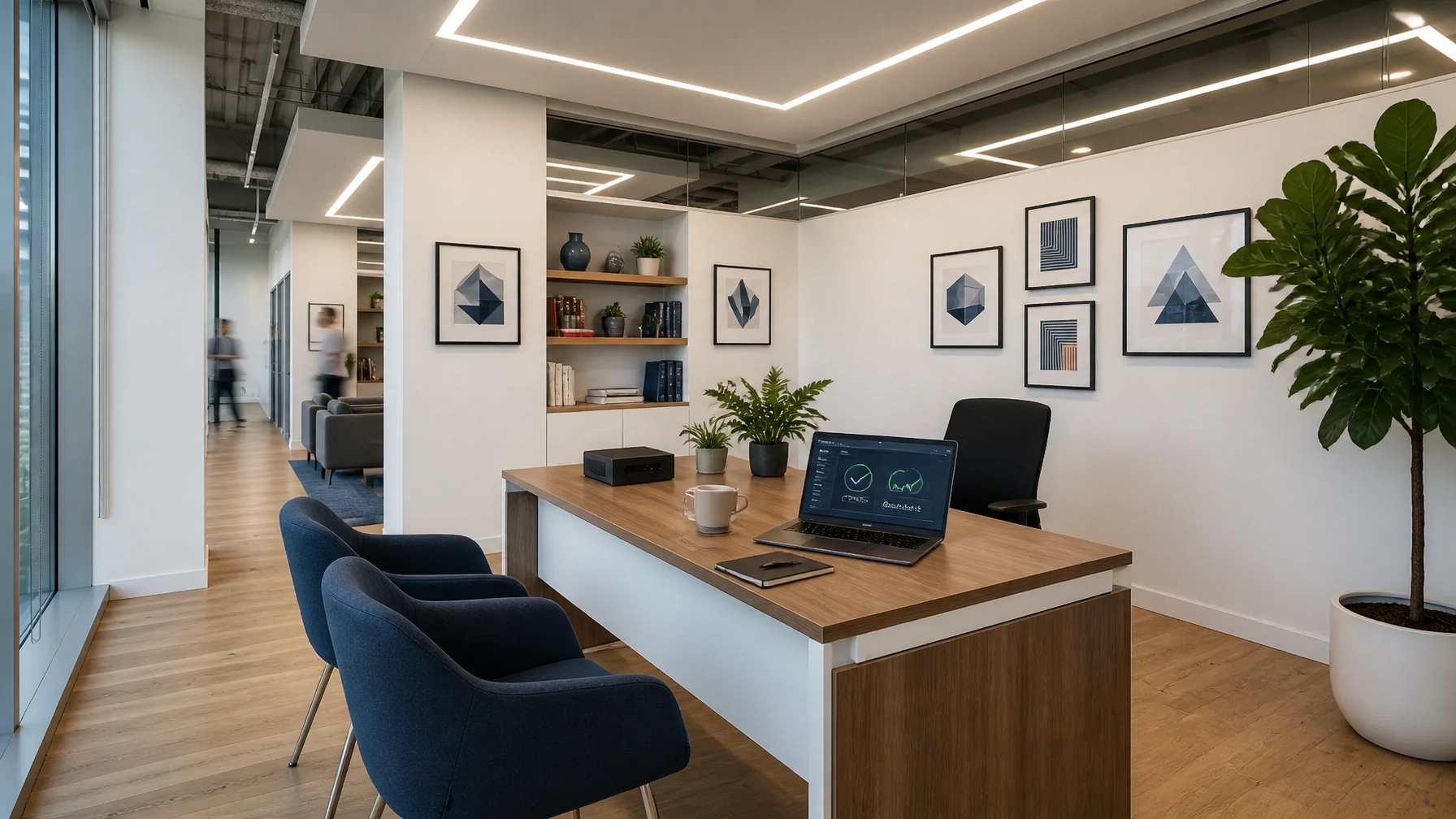 Clean, modern office environment with a system online dashboard
