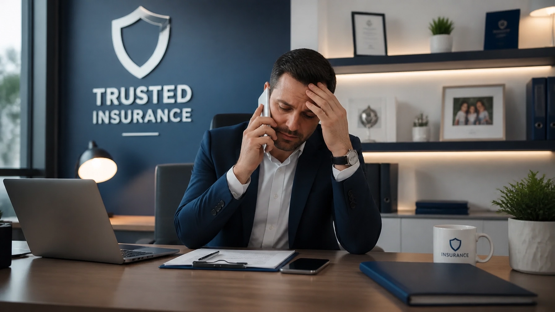 Frustrated insurance agent waiting on hold