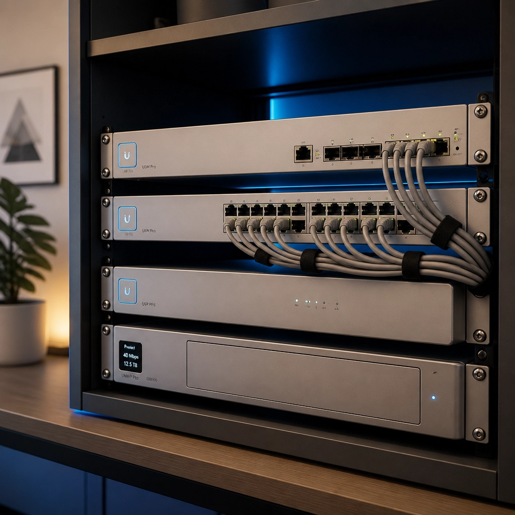 Professional UniFi networking hardware in a clean office setup