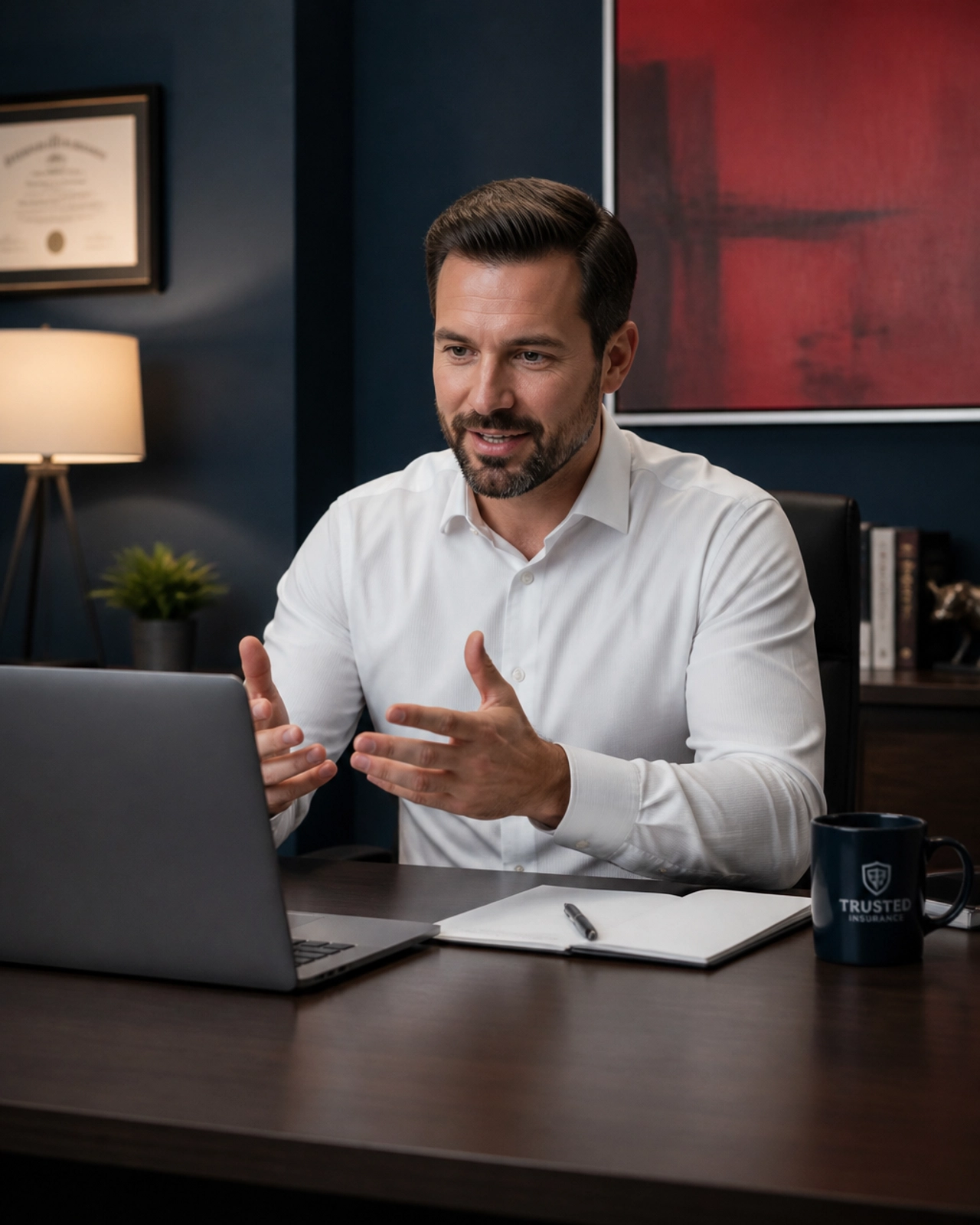 A professional insurance agent on a clear, high-speed VoIP video call in a navy-themed office.
