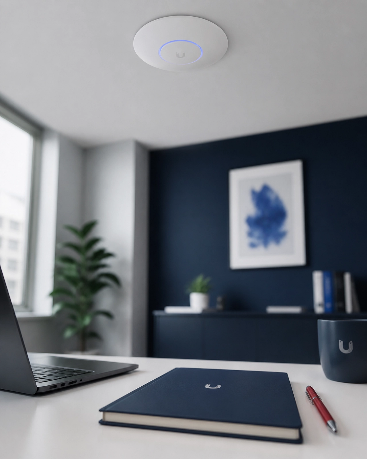 A sleek, white UniFi access point mounted cleanly on the ceiling of a modern office.