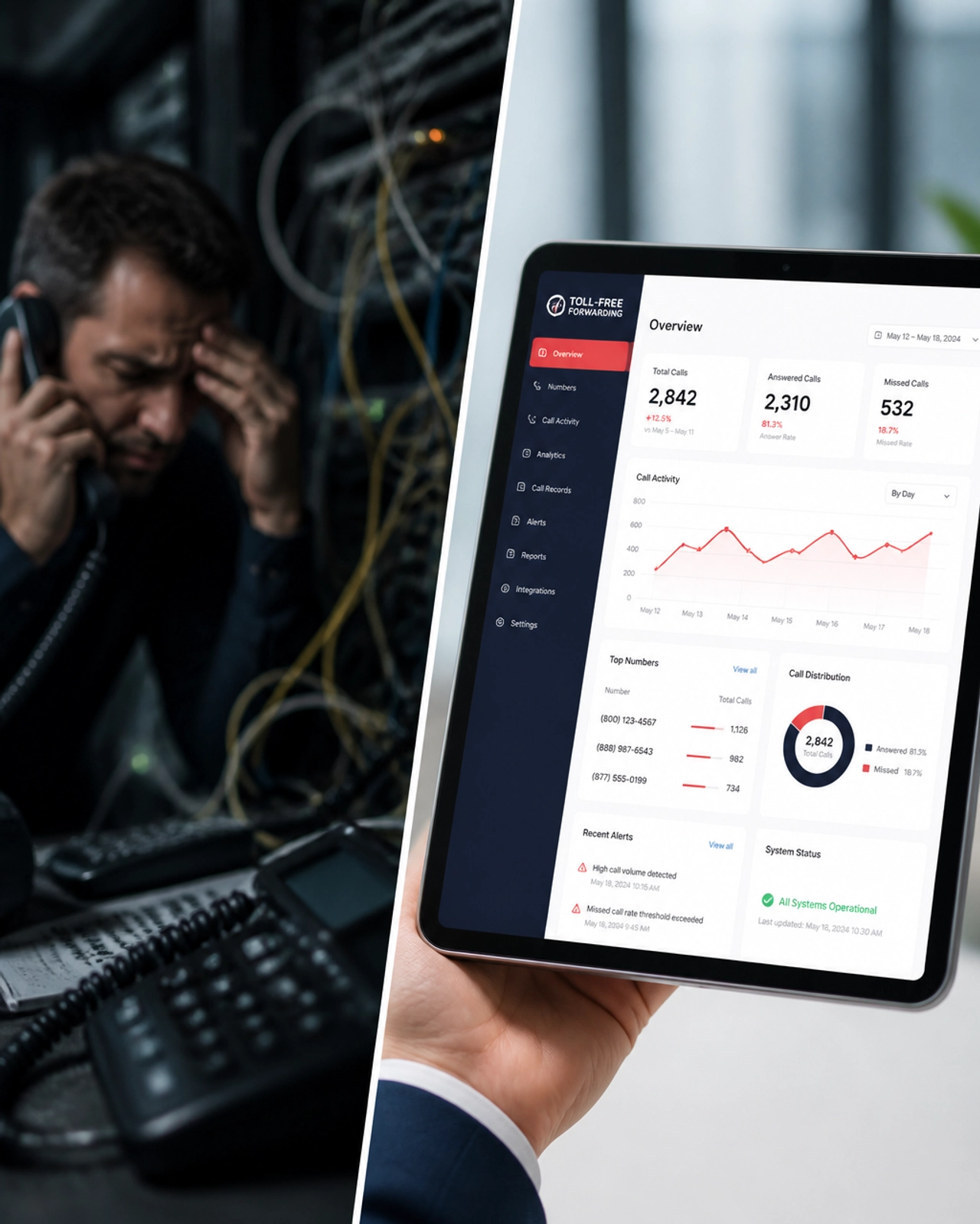 Frustrated person vs professional network monitoring dashboard