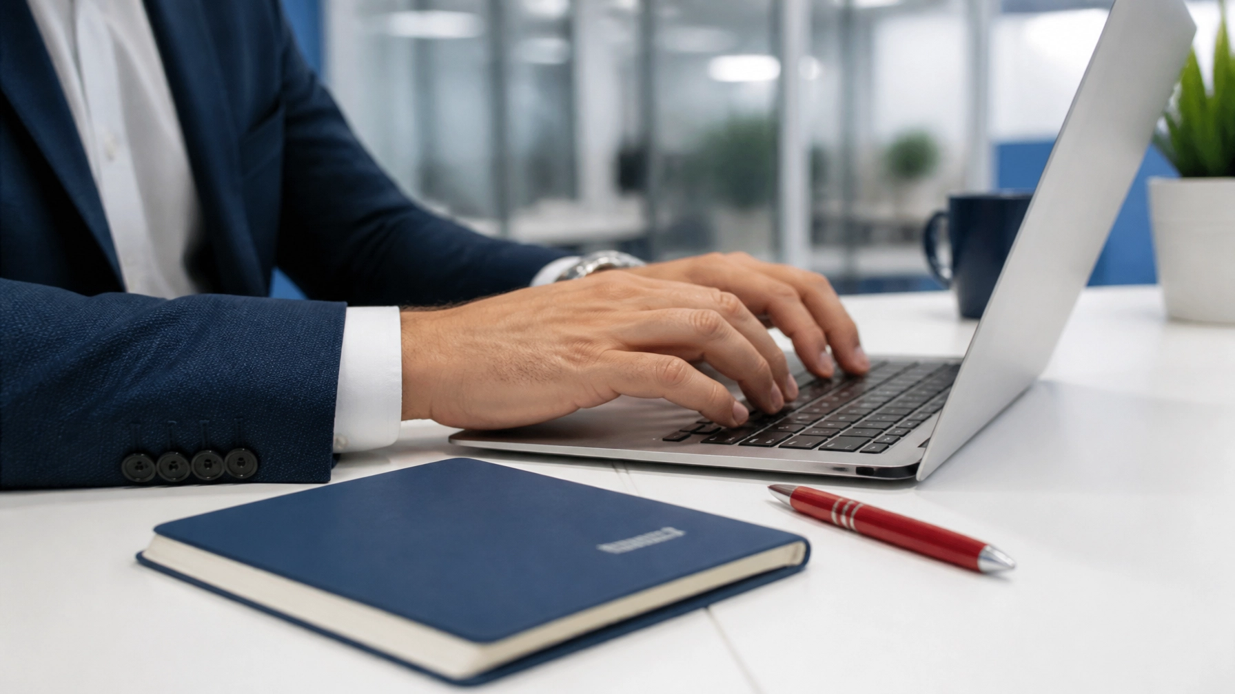 Close-up of a professional working on a laptop in a clean office setting