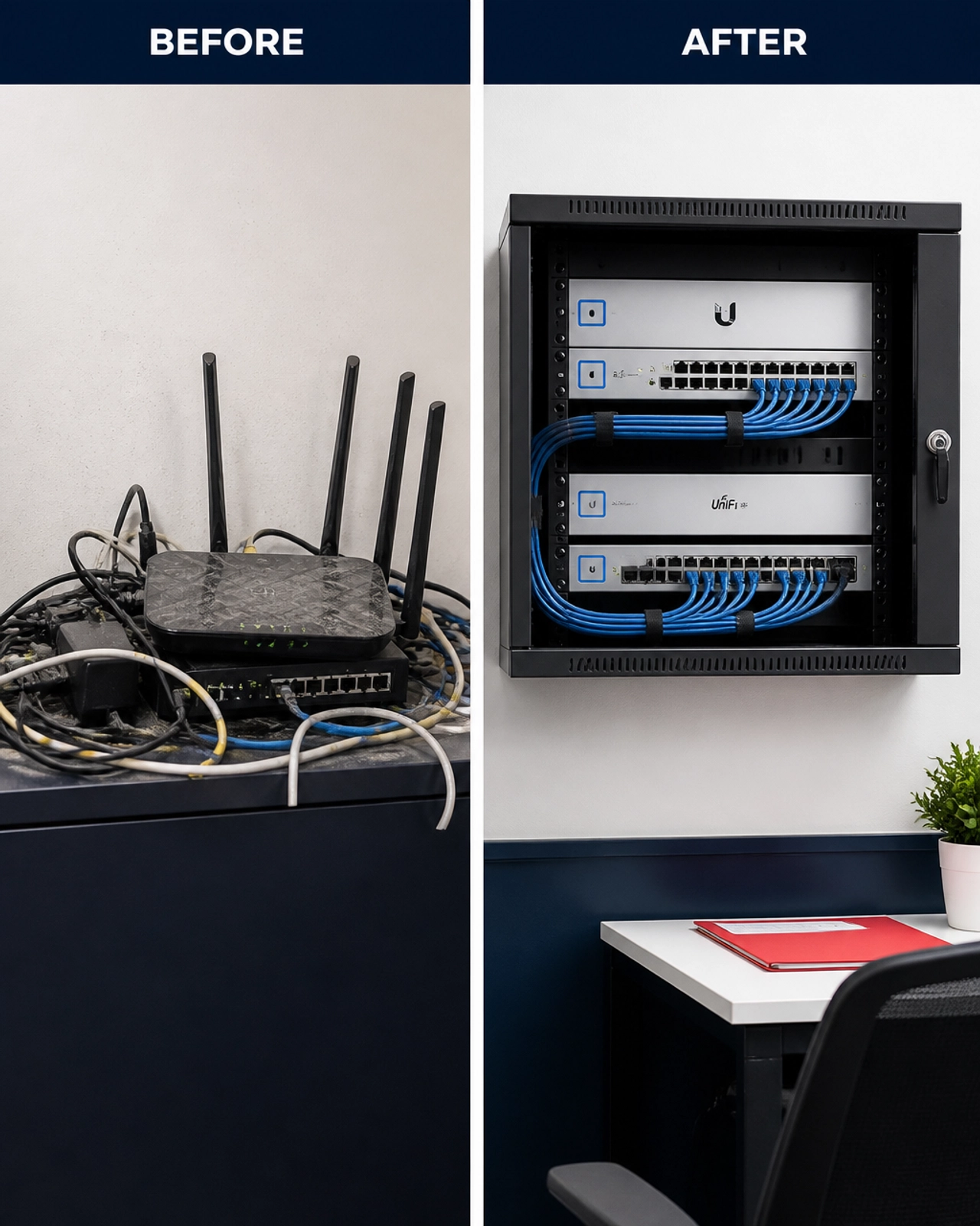 Comparison between a messy consumer router setup and a clean, organized enterprise networking rack.