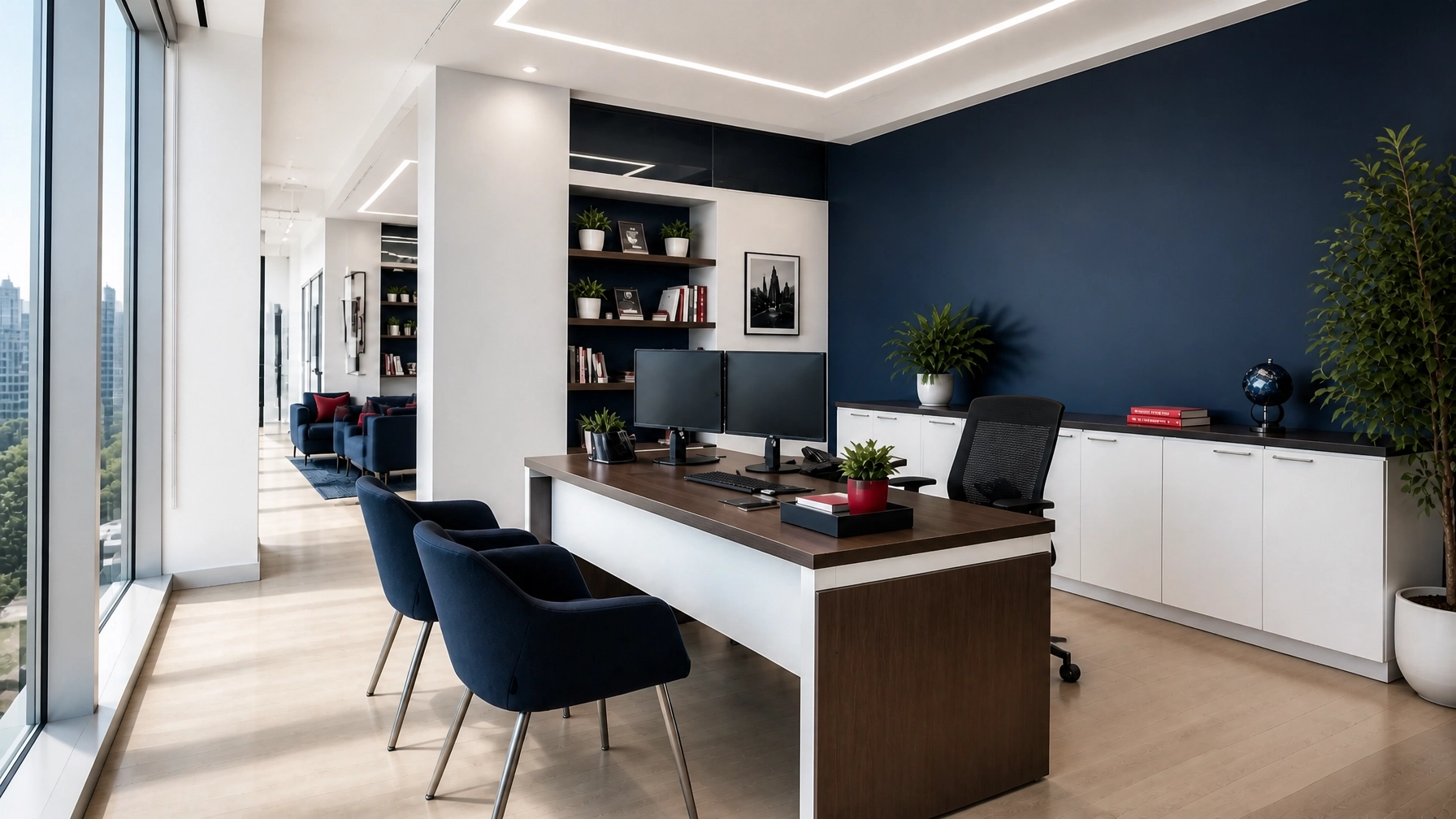 Bright insurance office with navy and white finishes, red accent decor, and a clean professional atmosphere that shows a managed network environment without cable clutter