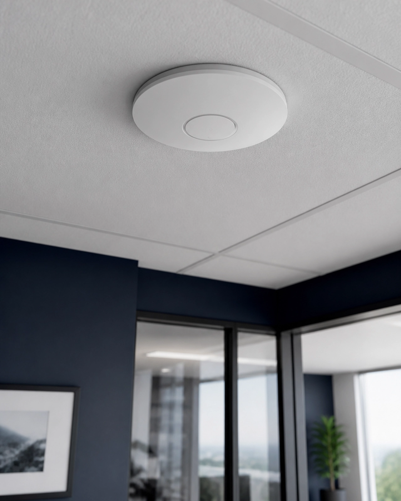 A professional enterprise Wi-Fi access point installed cleanly on an office ceiling.
