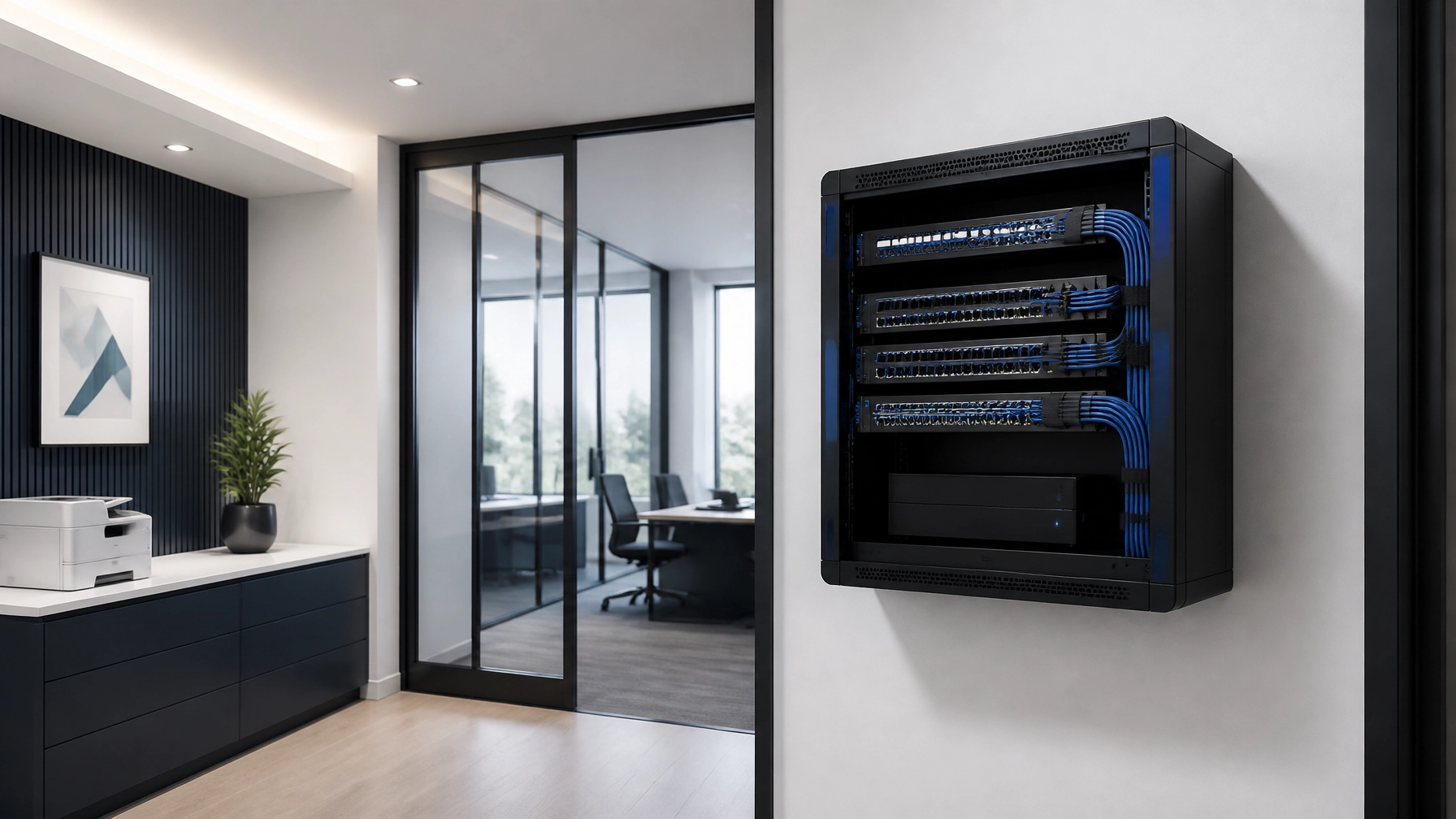 Clean and organized office communication area with managed networking equipment.