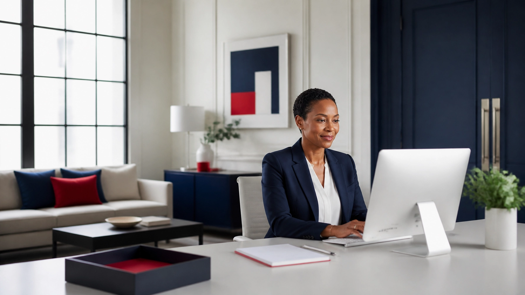 An African American female insurance agent with short hair in a bright, airy office with minimalist integrated tech, navy and white finishes, and subtle red accents that reflect the peace of mind of fully managed network infrastructure.