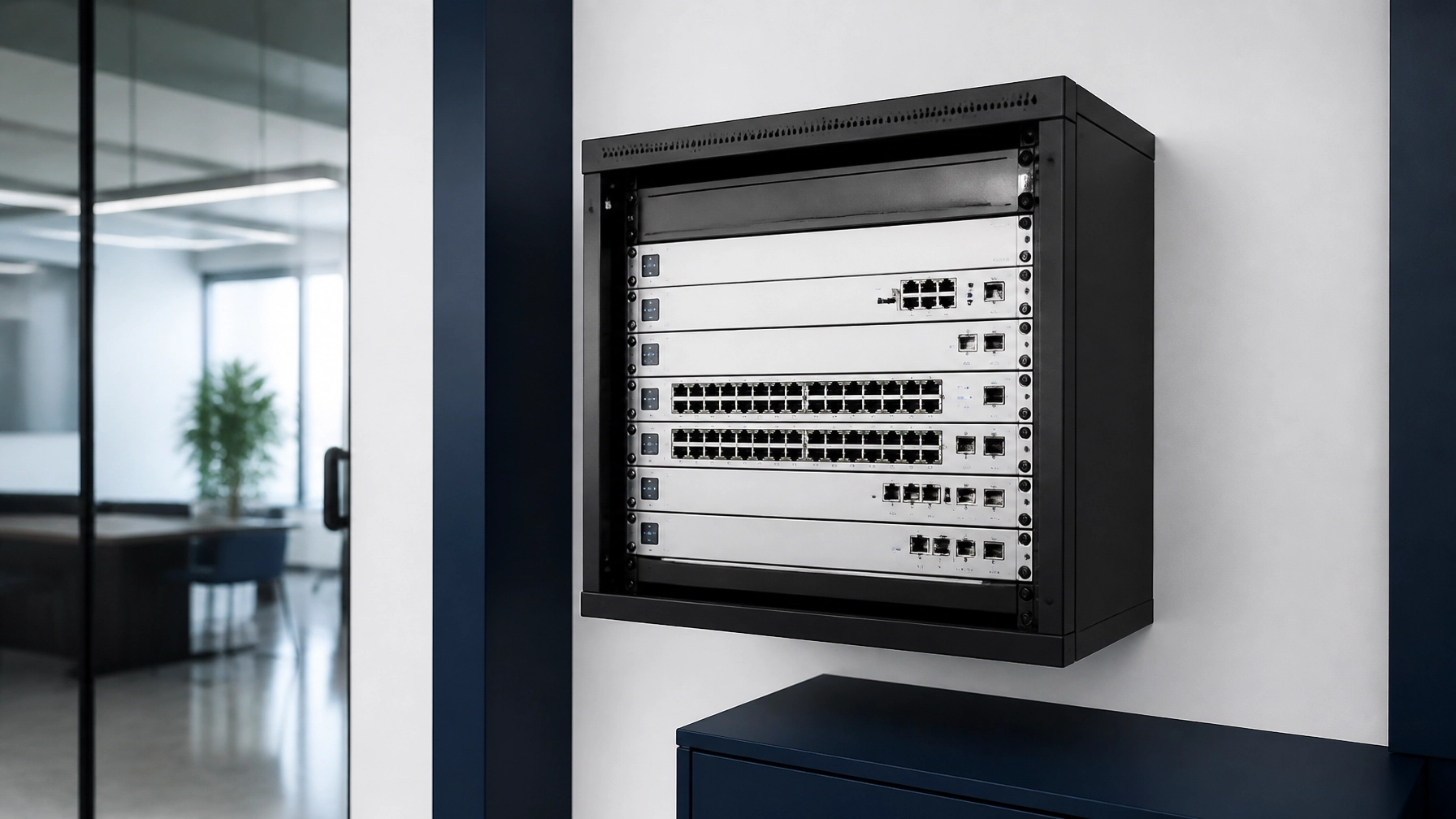 Clean, organized commercial-grade network equipment mounted in a modern office
