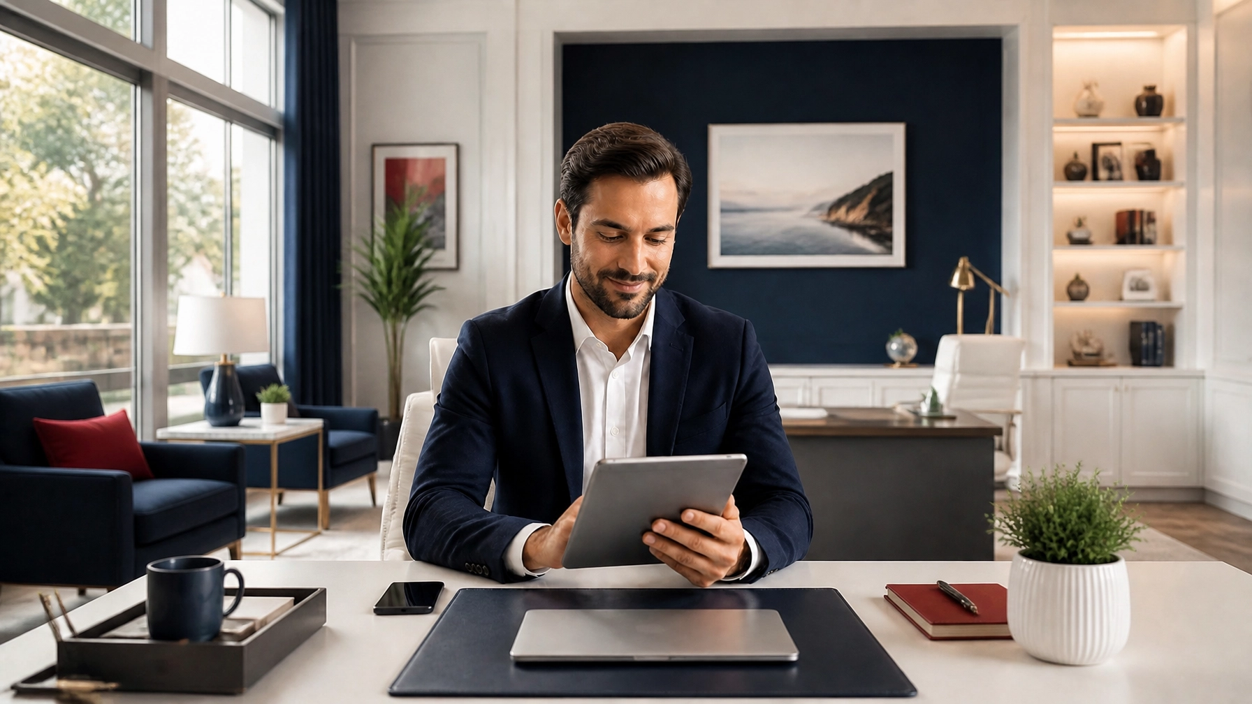 Insurance agent using a tablet in a polished office to review a simple rollout plan for managed small business internet