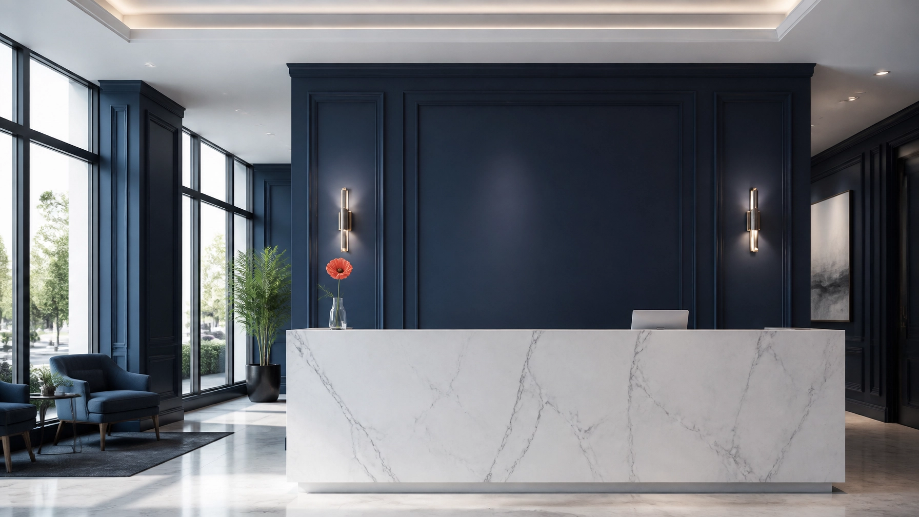 Professional insurance agency reception area with navy blue and white aesthetic.