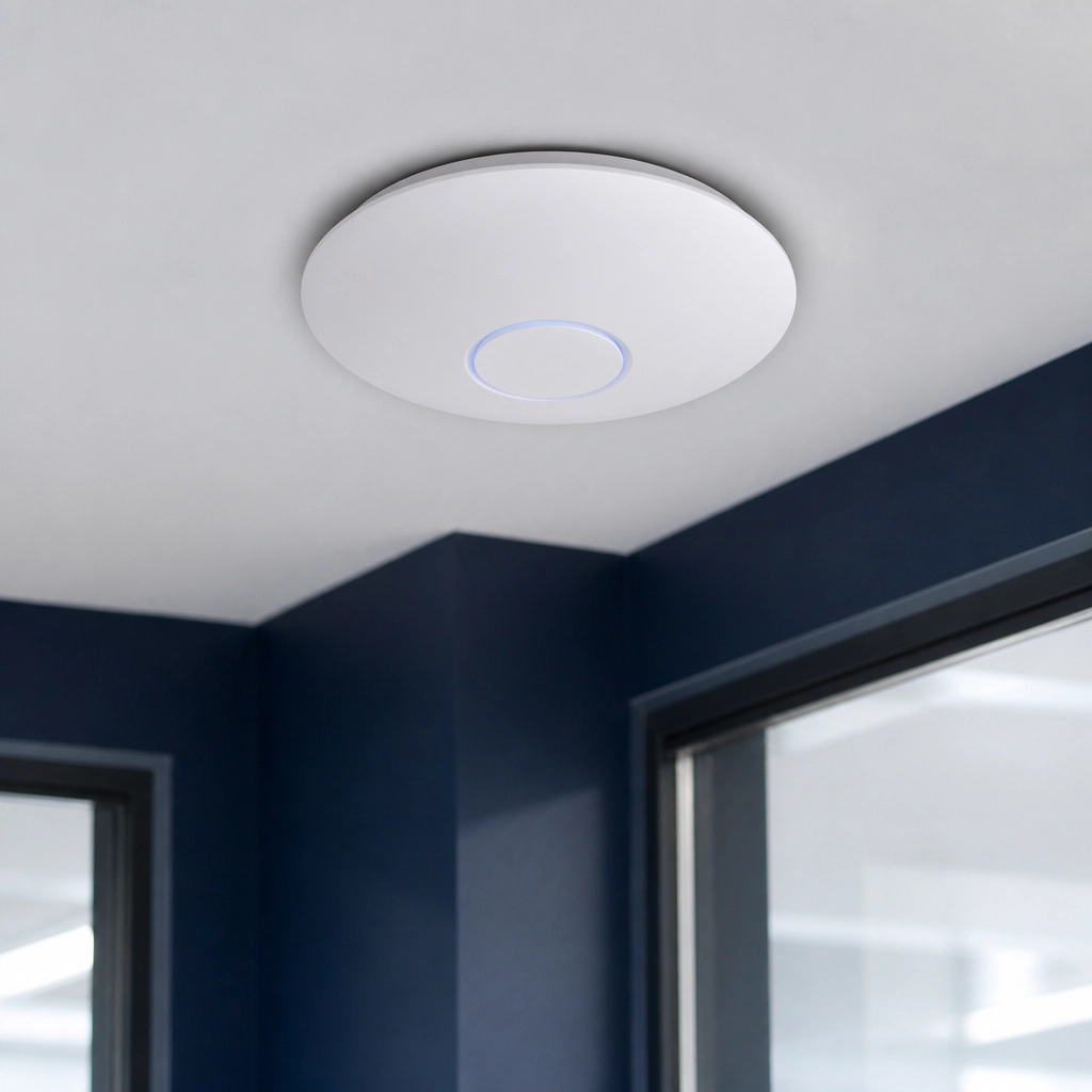 Sleek, commercial-grade Wi-Fi access point mounted on a modern ceiling.