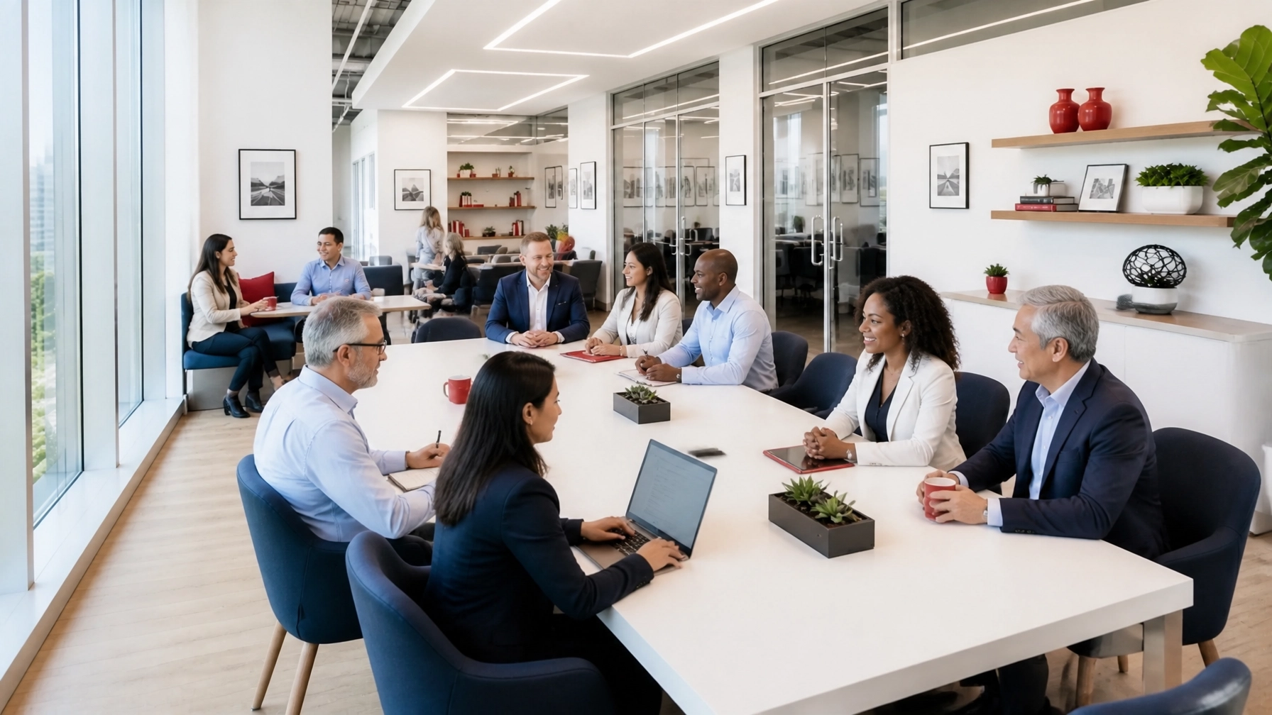 Airy collaborative insurance agency workspace with a broad mix of agents of different genders, ethnicities, ages, and hair colors, plus navy seating, white surfaces, subtle red accents, and seamless wireless coverage for stress-free team productivity.