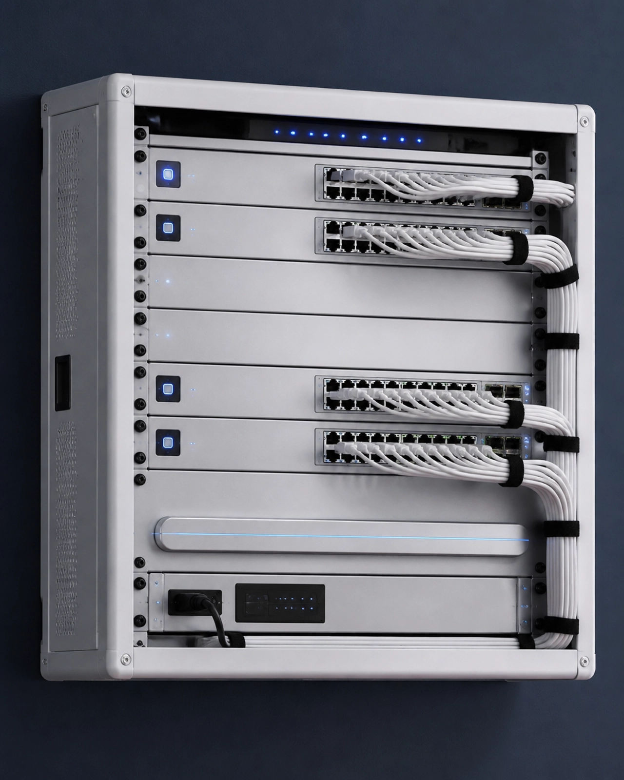 Enterprise network rack with organized UniFi equipment