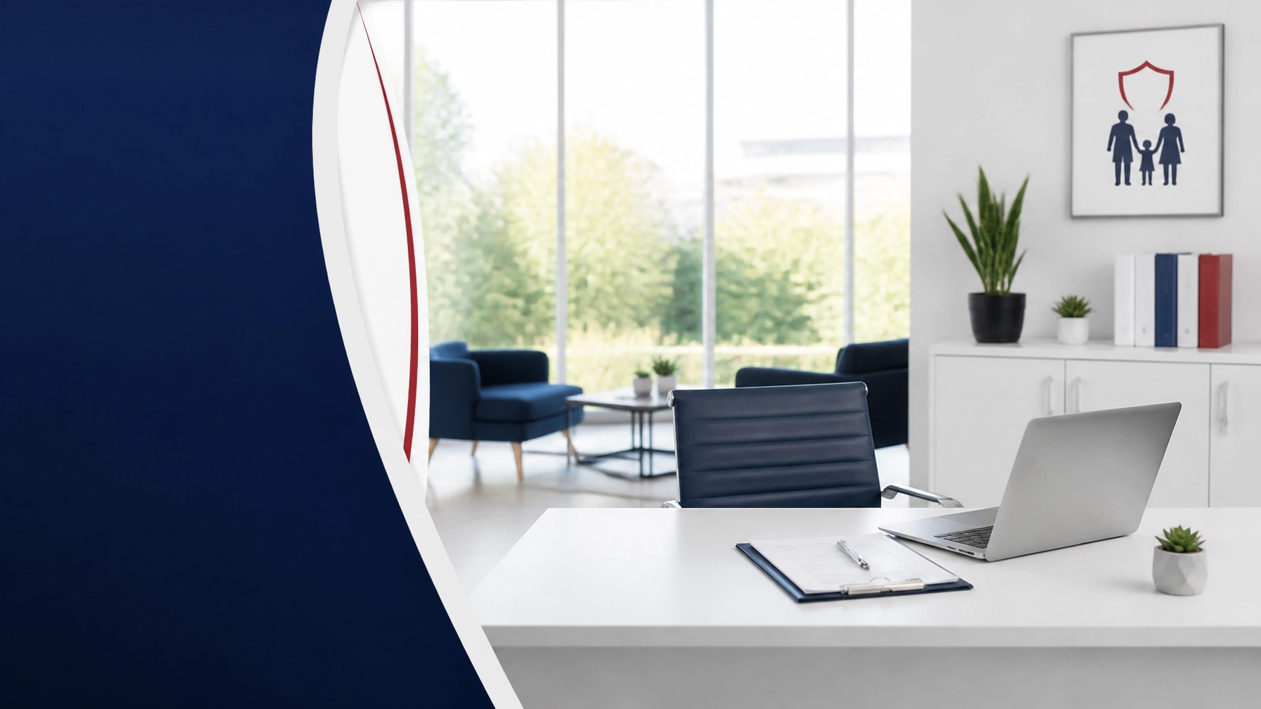 Minimalist modern insurance office scene with a navy blue and white palette, subtle red accent, lots of natural light, clean lines, and a professional cable-free workspace with no logos or branding. This image matters because it reinforces the clean, white-glove office standard agents expect from a fully managed setup.