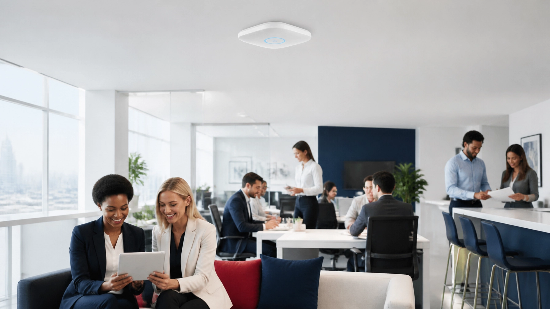 Sleek commercial Wi-Fi hardware in a bright collaborative office with a diverse male and female team in the background, showing clean infrastructure without visible cable clutter.