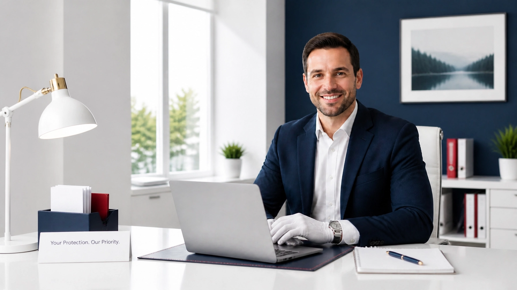 Premium modern insurance office interior with navy blue and white styling, subtle red accent details, and a polished uncluttered layout that reflects white-glove network management