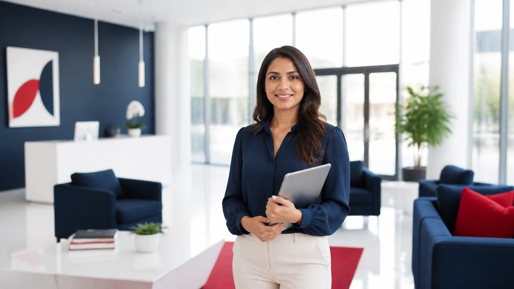 Bright office lobby with a South Asian female professional in a clean, spacious setting, showing the peace of mind and polished atmosphere of a fully managed network.