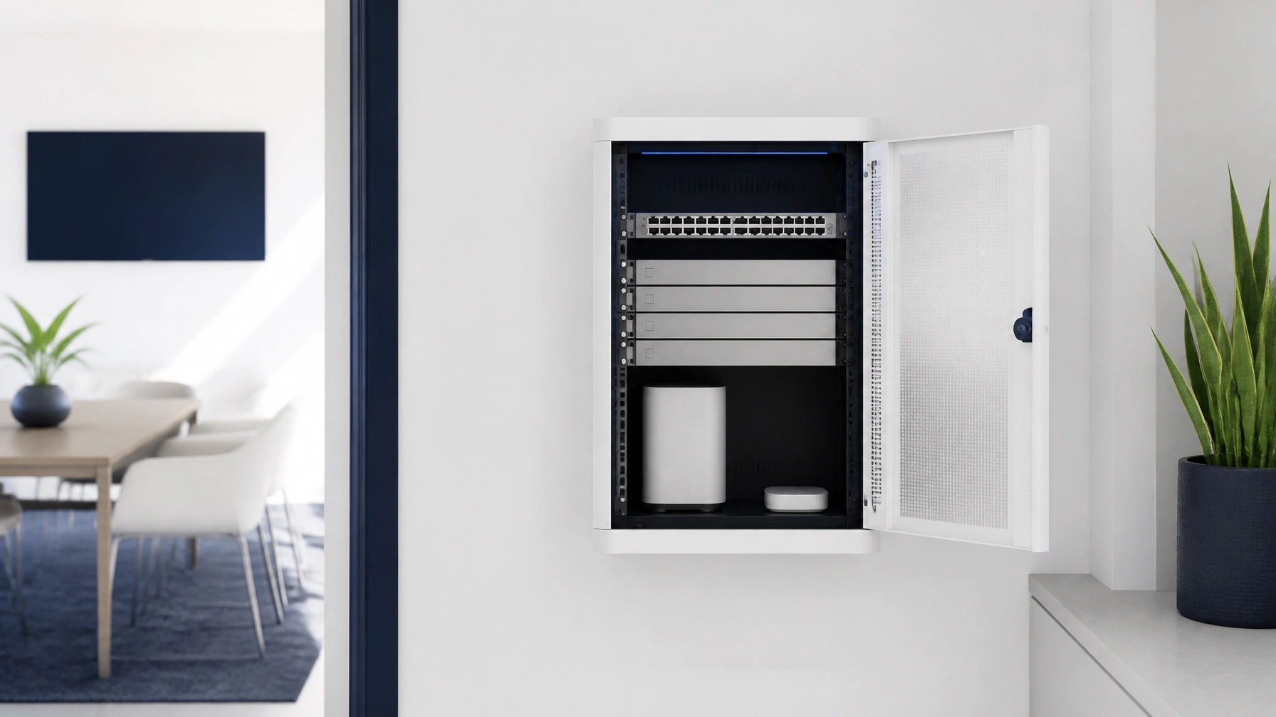 Minimalist commercial network cabinet in a bright office utility nook with neatly managed hardware and no visible cable clutter, showing what a professional setup should look like.