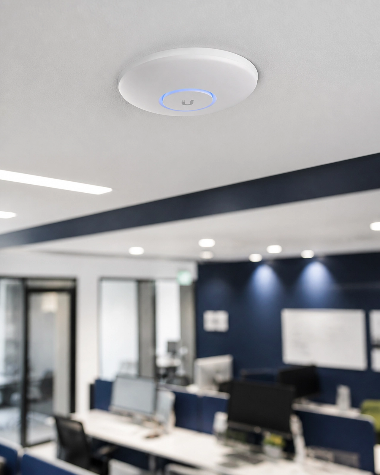 Professional-grade Wi-Fi access point mounted on a clean office ceiling.
