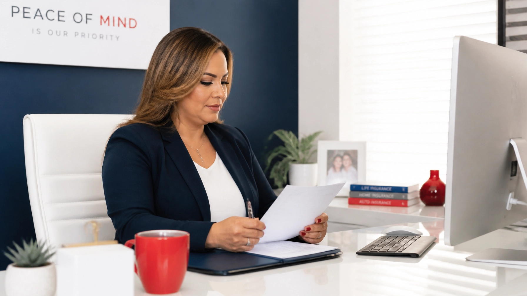 Female insurance agent of Hispanic descent with light brown hair reviewing work in a bright private office with a clean monitor setup and minimalist tech, showing the calm productivity that comes from reliable connectivity.