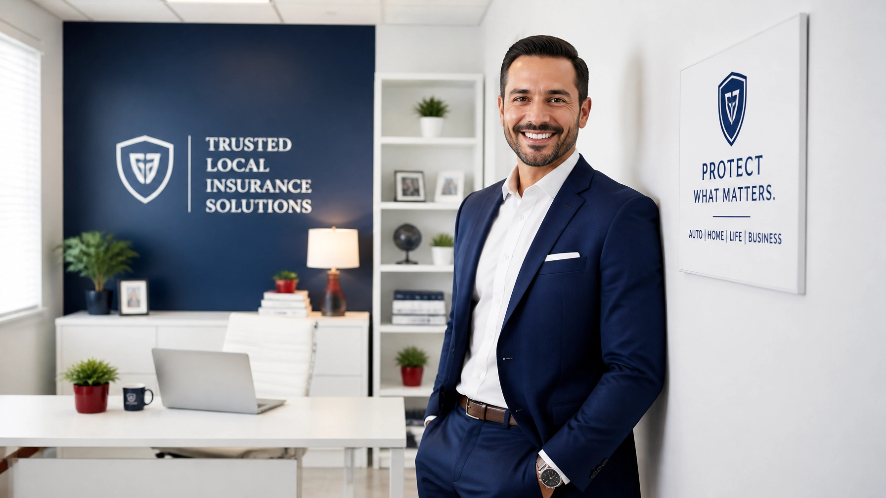 A smiling, confident insurance agent in a professional, well-managed office environment.