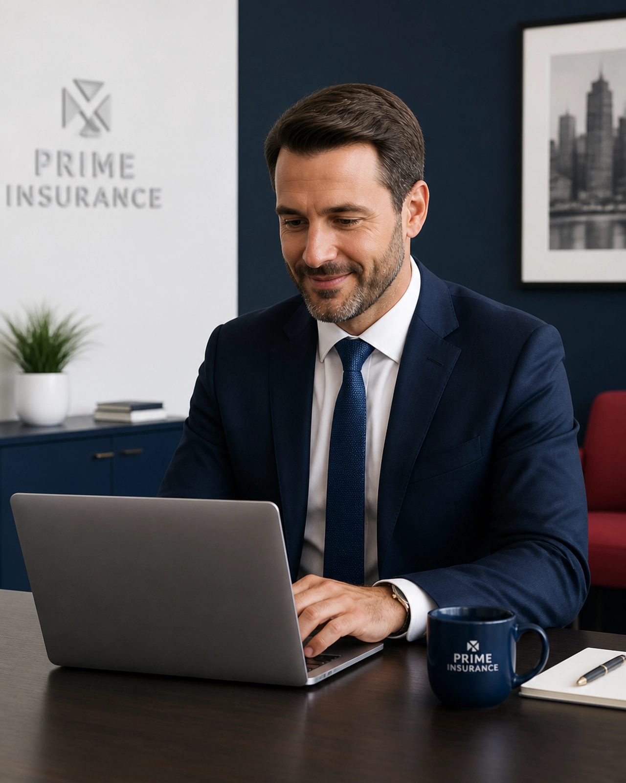 Professional insurance agent working in a clean, modern office environment.