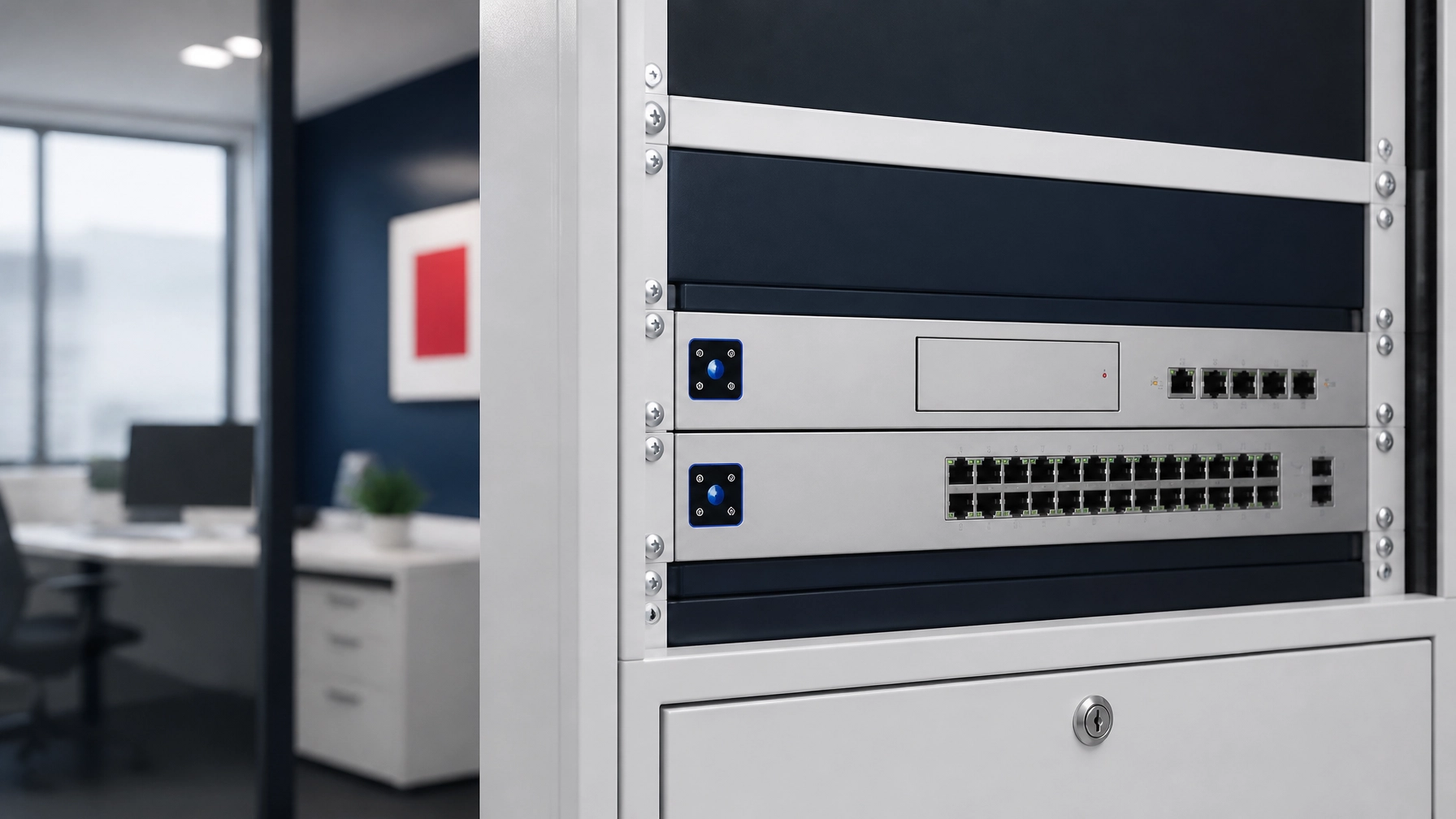 Clean enterprise-grade network hardware in an organized cabinet with tidy installation, navy and white surroundings, and no visible cable clutter