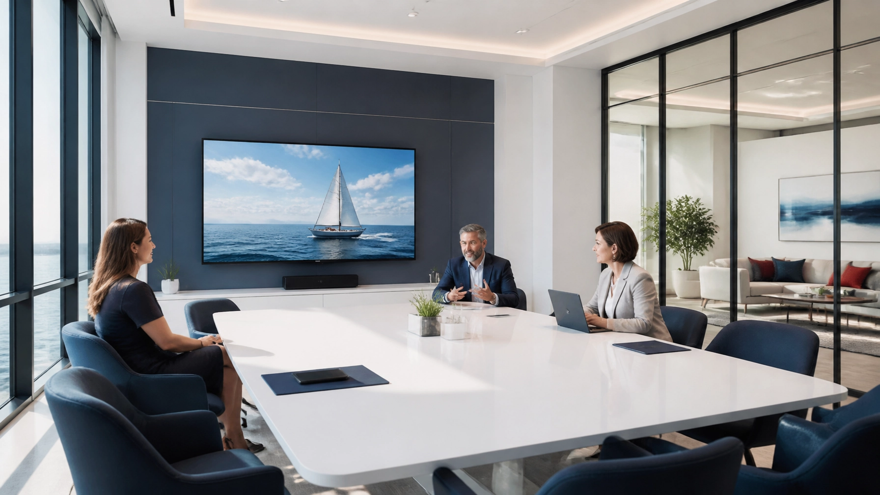 Bright, modern conference room with integrated technology and a minimalist layout, showing a calm, professional office environment supported by managed internet.