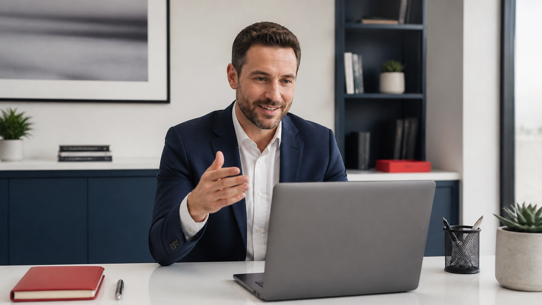 Professional insurance agent on a video conference call in a sophisticated, organized office with navy blue and white tones, lots of natural light, clean minimalist styling, no logos or branding, and a subtle red accent. This image matters because it shows the reliable, polished workspace agents get when connectivity and network management are handled correctly.