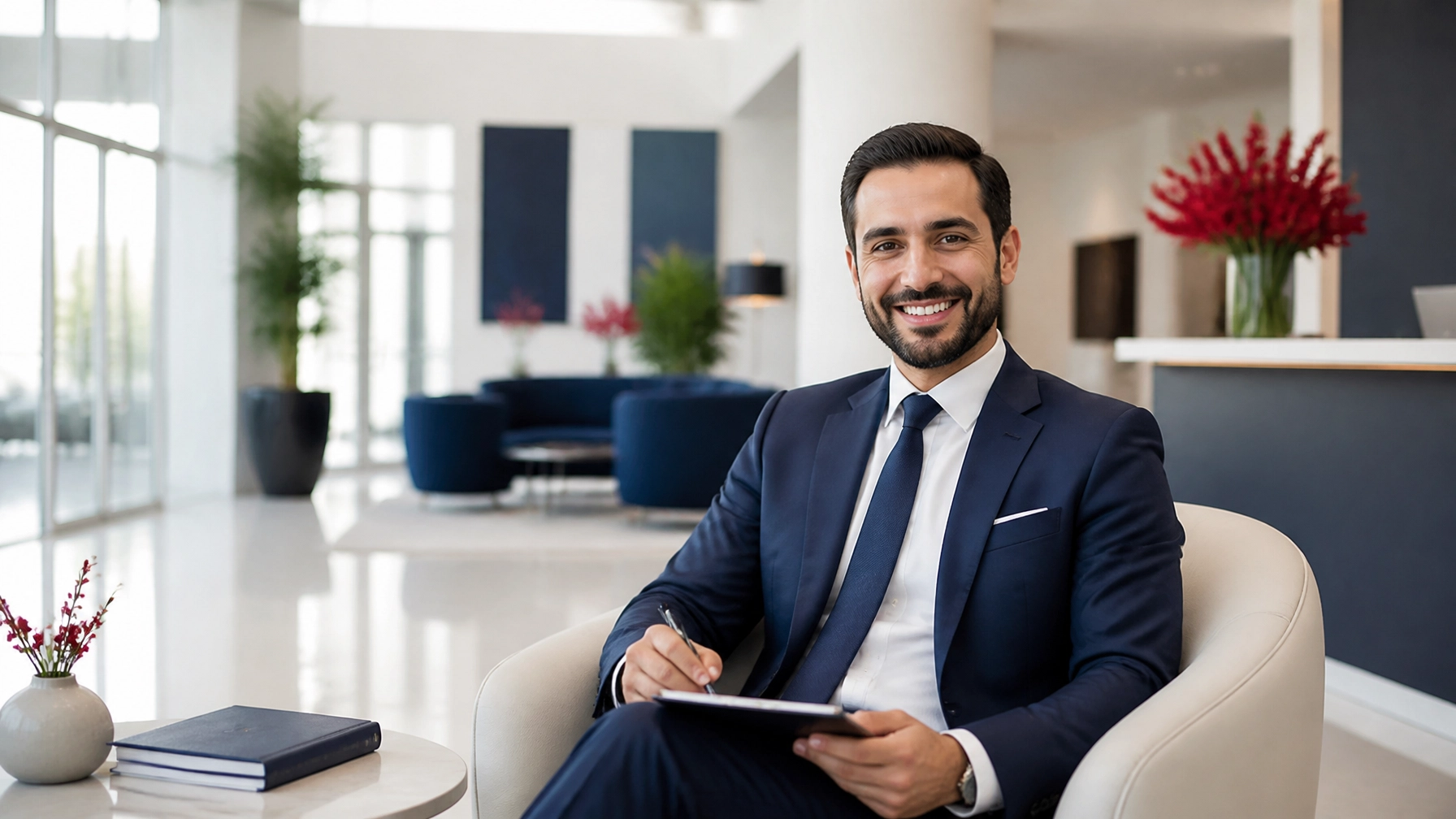 Male insurance agent of Middle Eastern descent in a bright airy modern agency lobby with navy-and-white design and subtle red accents, reflecting the calm professionalism of a fully managed office