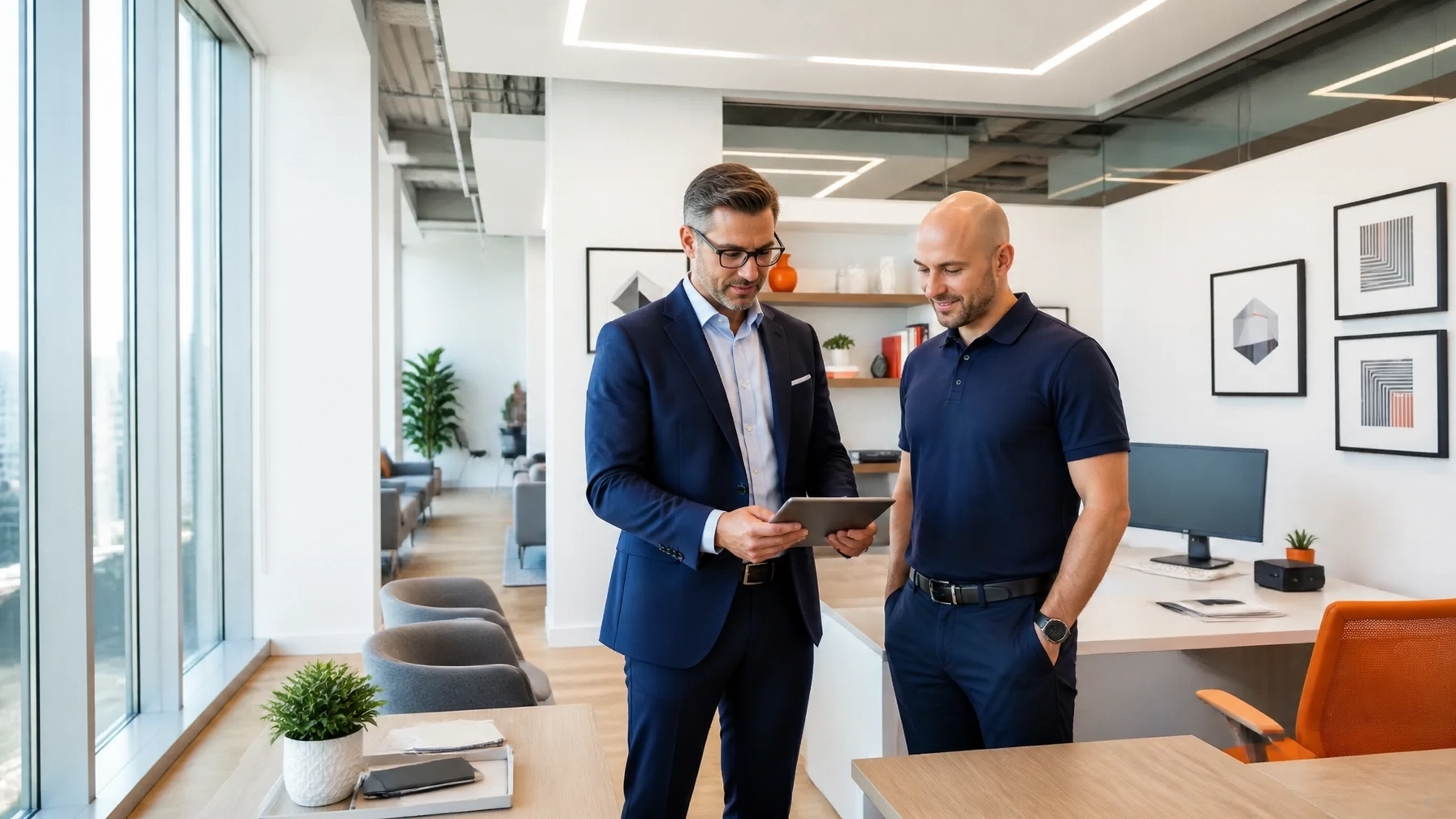 Insurance agent and technician reviewing a tablet in a polished office with navy and white tones, subtle red decor, and no visible cables during a smooth internet transition