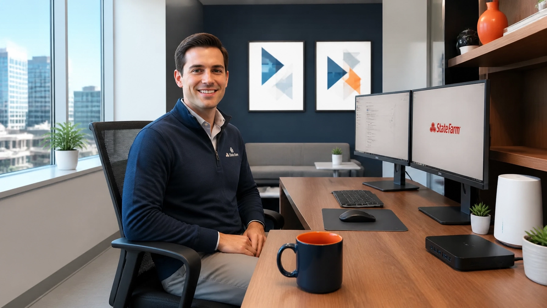Relieved insurance agent in a bright modern office with navy and white styling, subtle red accents, and clean technology layout showing the stress relief of a fully managed setup