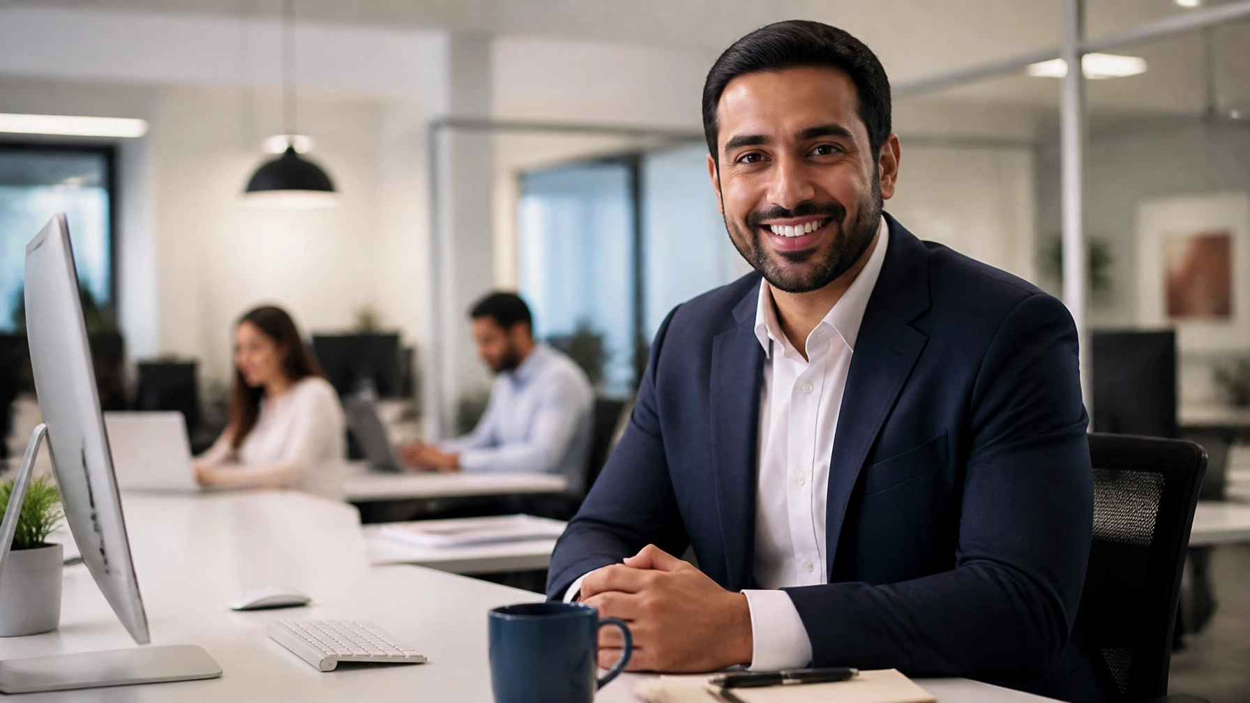 Male insurance agent of Middle Eastern descent in a bright airy collaborative office with navy-and-white design and subtle red accents, reflecting stress-free done-for-you network management