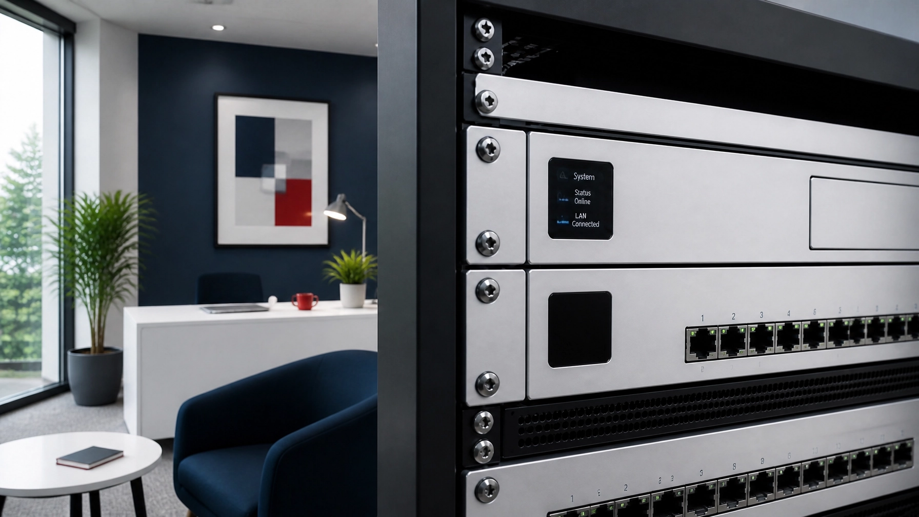 Clean commercial networking hardware in a modern insurance office with navy and white tones, subtle red accents, and neatly organized equipment with no visible cable mess