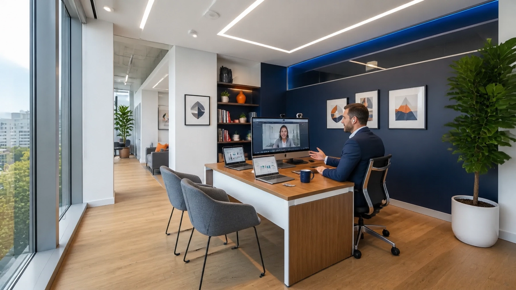 Insurance agent on a video call in a bright modern office with navy and white decor, subtle red accents, reliable connectivity, and a clean no-cable workstation