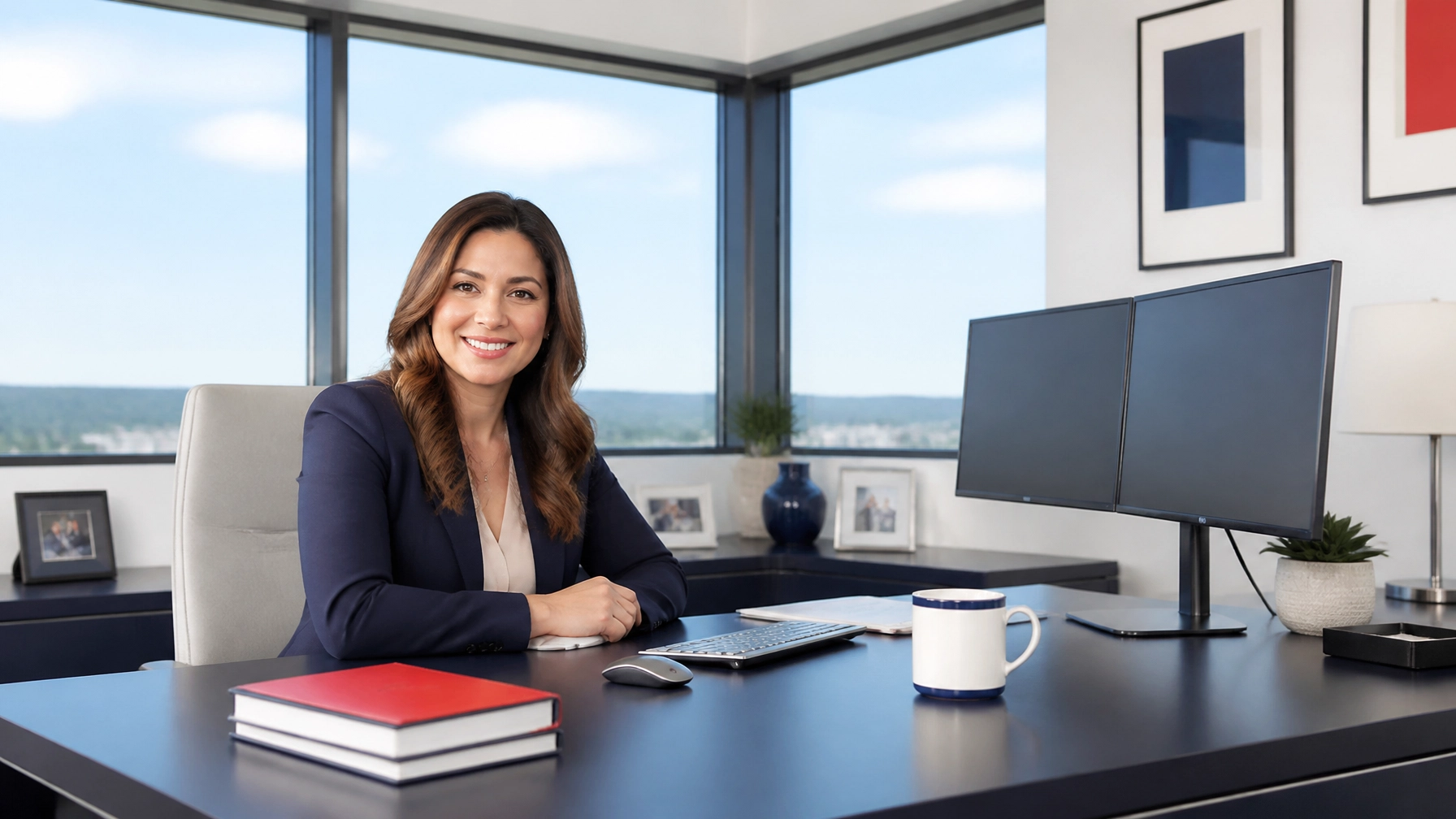 Female insurance agent of Hispanic descent with light brown hair in a spacious modern corner office with large windows, dual monitors, and a clean minimalist tech setup, showing a stress-free managed office environment.