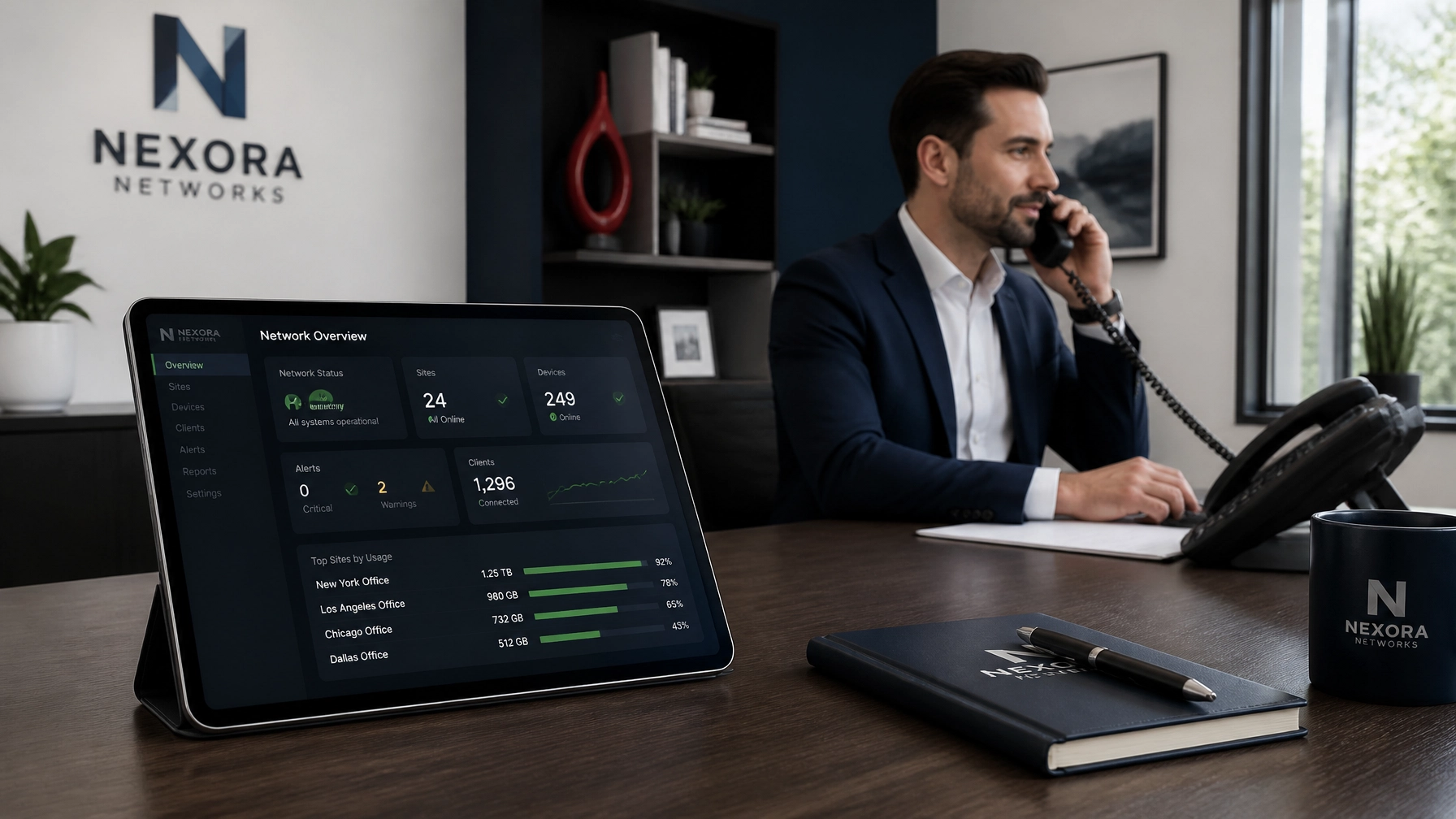 A tablet in an office showing a network management dashboard with 100% uptime and green status indicators.