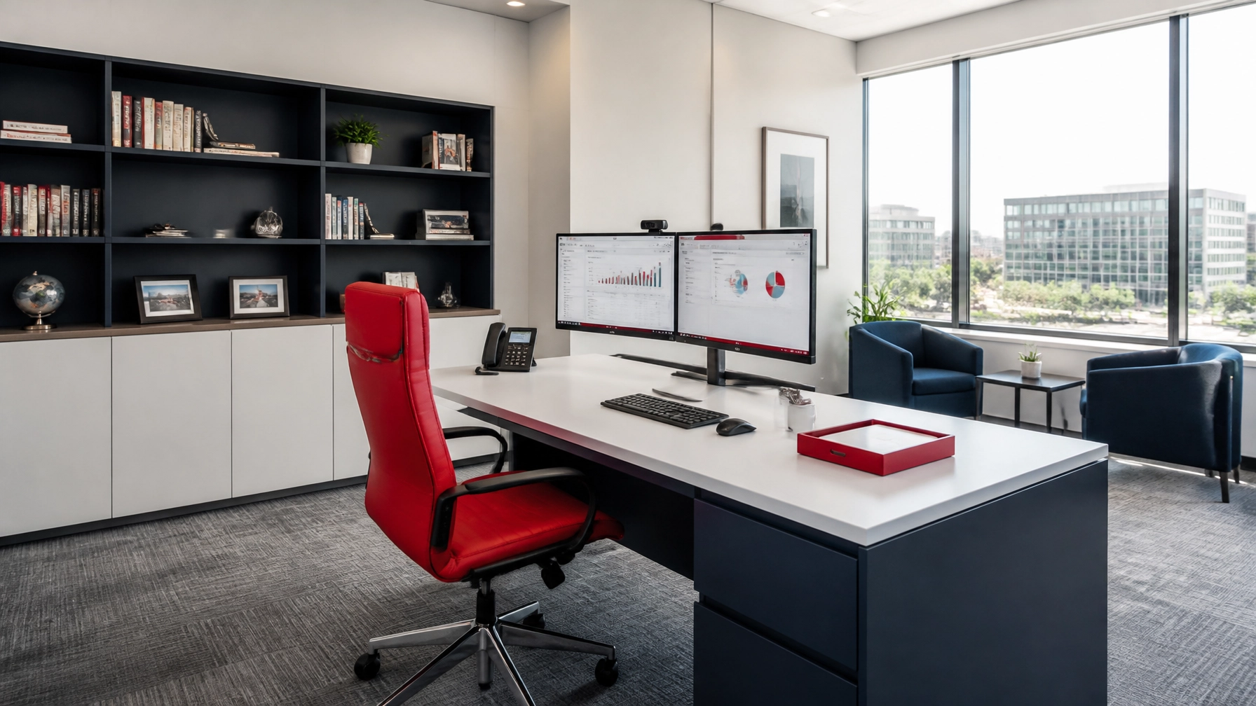 Modern high-end insurance agency office with large windows and dual monitors. Navy blue and white finishes, minimalist styling, lots of natural light, sleek commercial networking gear with zero cable clutter, no logos or branding, and a subtle red accent. This image matters because it reflects the calm, organized office setup that professional agency network management is supposed to create.