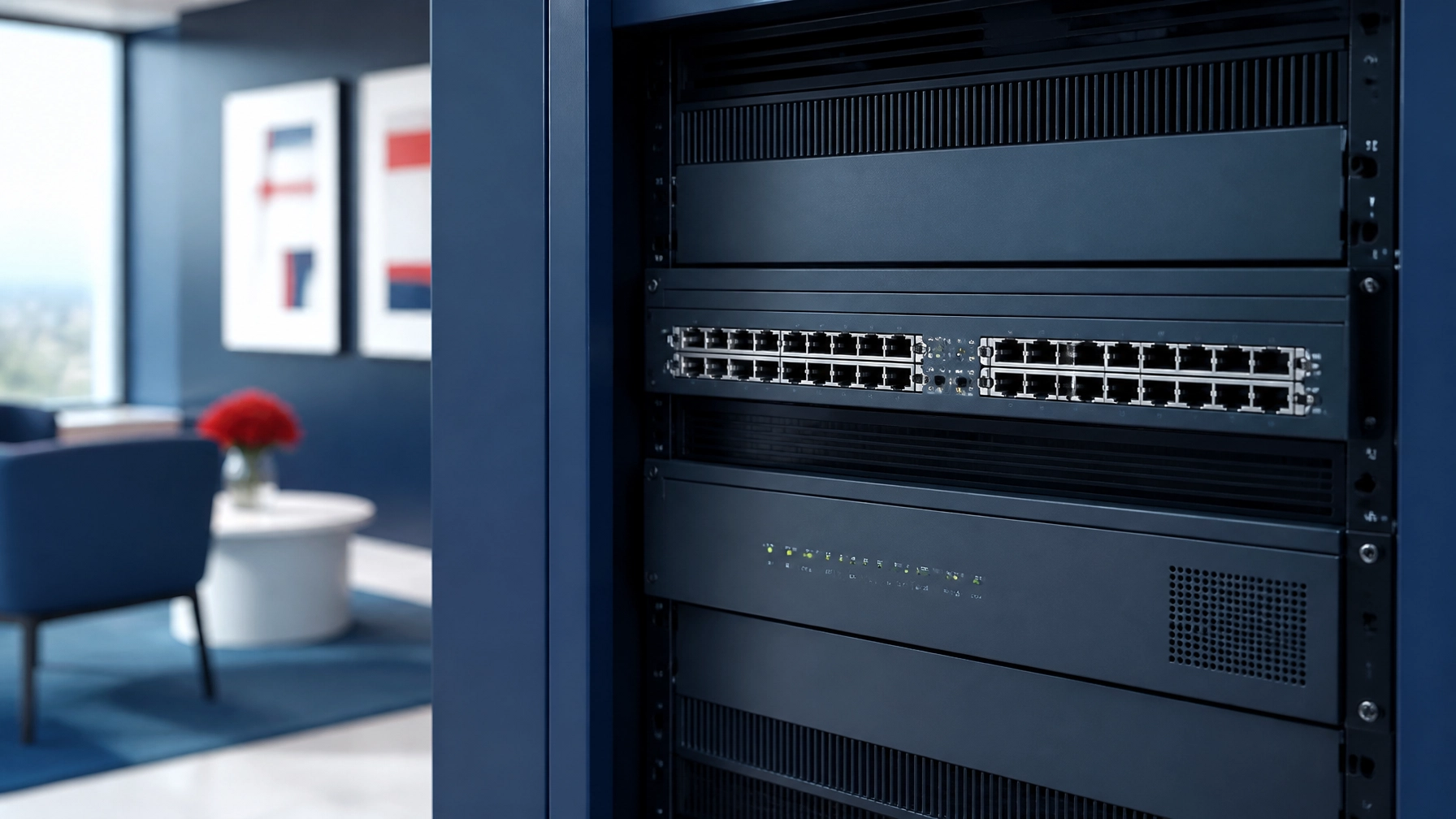 Close-up of sleek professional networking hardware in a modern insurance office setting. Navy blue and white environment, minimalist clean lines, natural light, zero cable clutter, no logos or branding, and a subtle red accent nearby. This image matters because it shows the kind of clean, business-grade hardware environment that supports secure and reliable agency operations.
