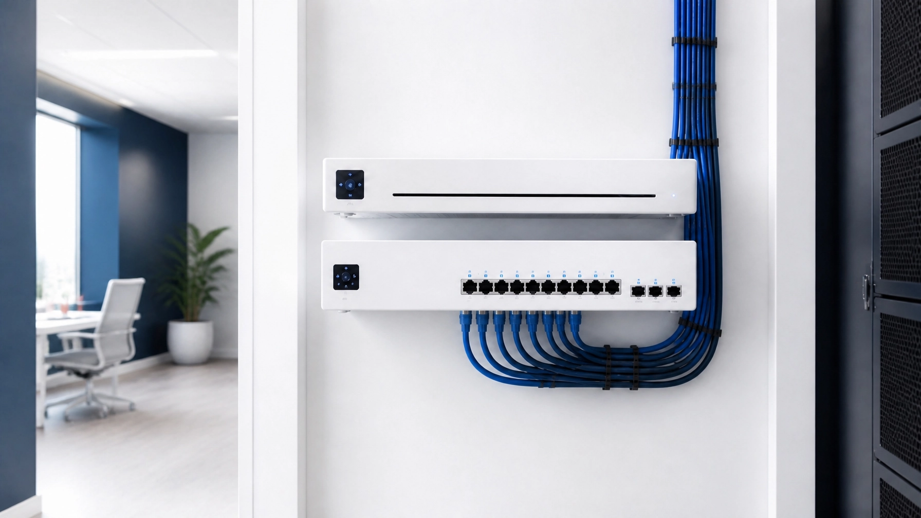 Minimalist business-grade network equipment mounted neatly with organized wiring in a bright, clean back-office setting, showing the polished infrastructure behind an airy, professionally managed insurance office.