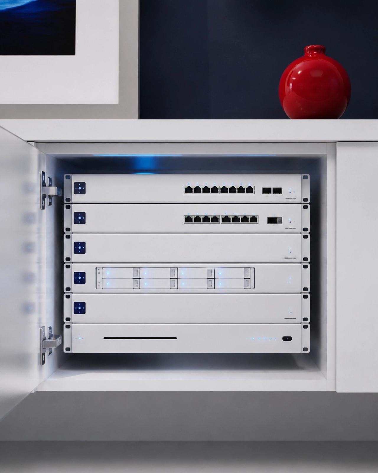 Neat, commercial-grade network hardware in a professional office cabinet.
