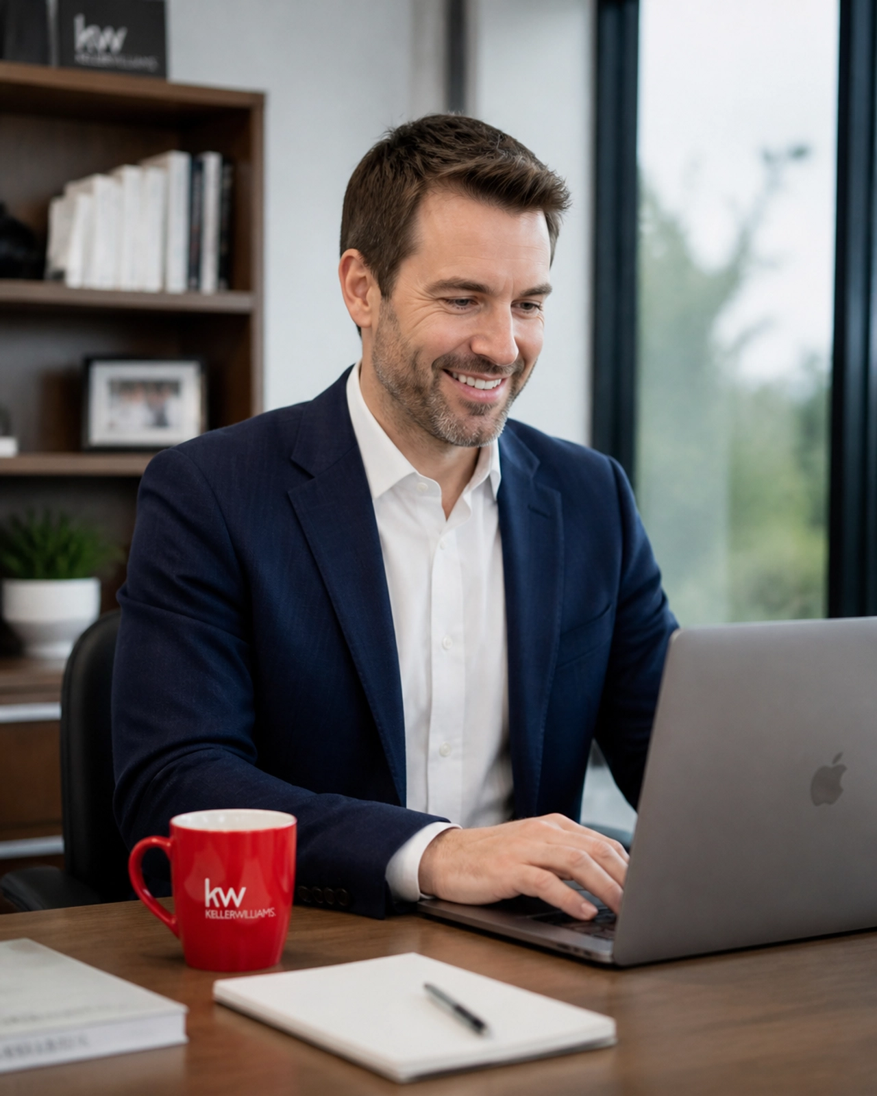 A relaxed insurance agent working in a modern office