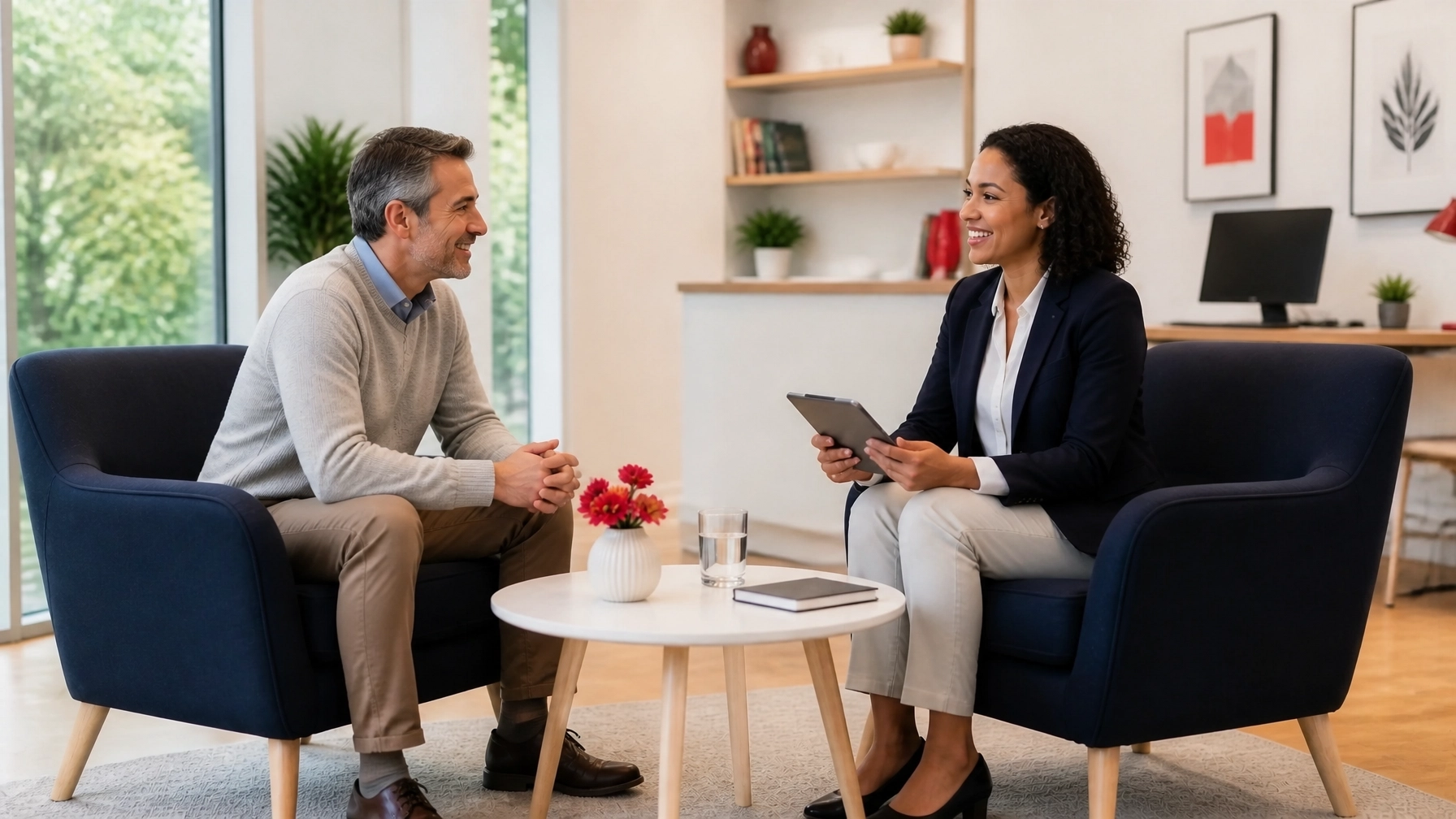 Bright client consultation area with inclusive agent and client representation across genders, ethnicities, ages, and hair colors, along with navy seating, a white side table, subtle red accents, and discreet secure connectivity for private insurance conversations.