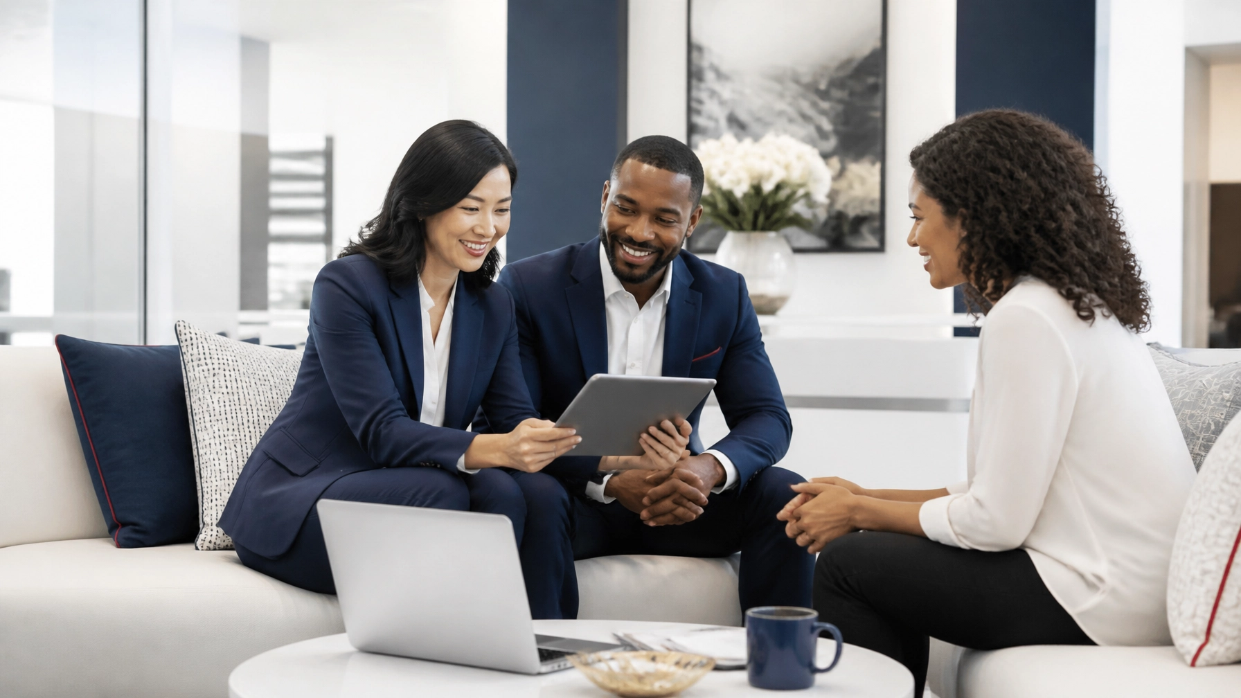 Diverse male and female insurance agents collaborating with a client in a bright, modern office lounge, showing a calm and productive managed-office environment.