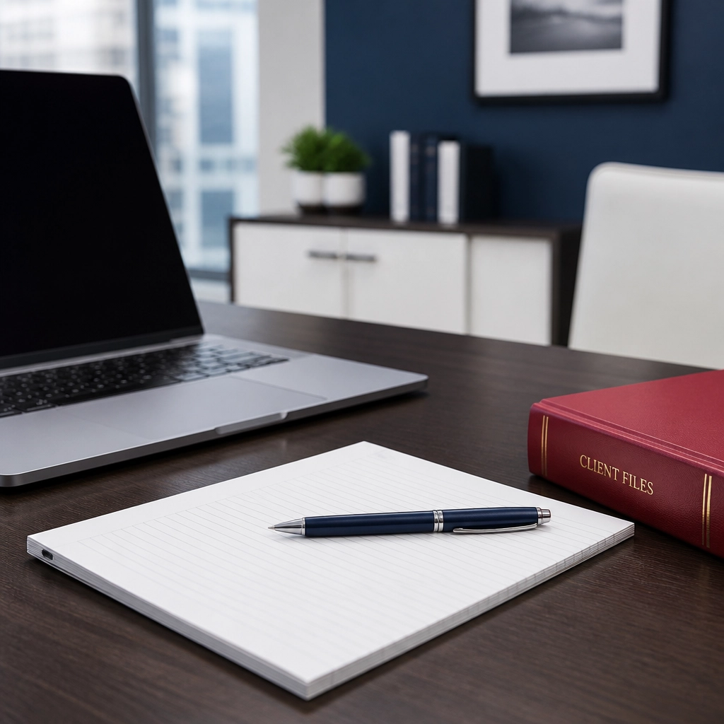Close-up of a modern agency desk with professional tools and a subtle red accent.