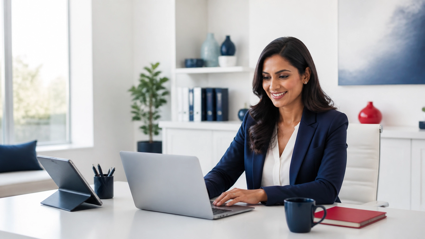 South Asian female insurance agent working efficiently in a sunlit, modern office, showing how managed internet removes technical distractions from the workday.
