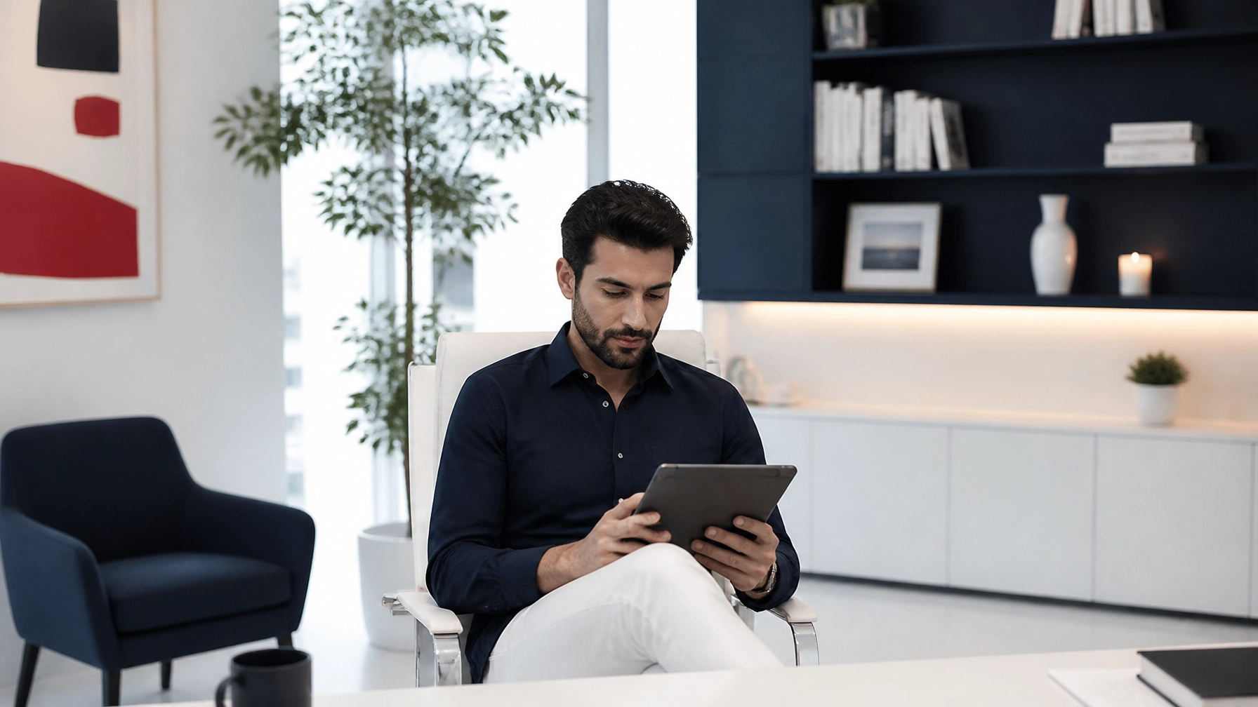 Male agency owner of Middle Eastern descent reviewing work on a tablet in a bright airy office with navy-and-white styling and subtle red accents, showing simple managed service oversight without clutter