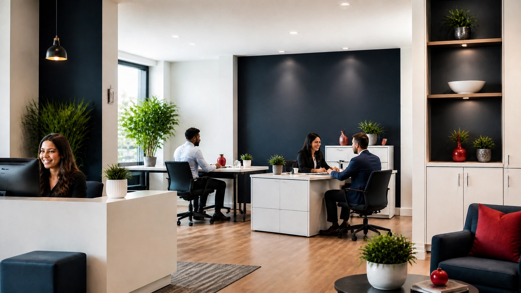 A modern small insurance agency reception and workstation area with warm lighting and a professional team