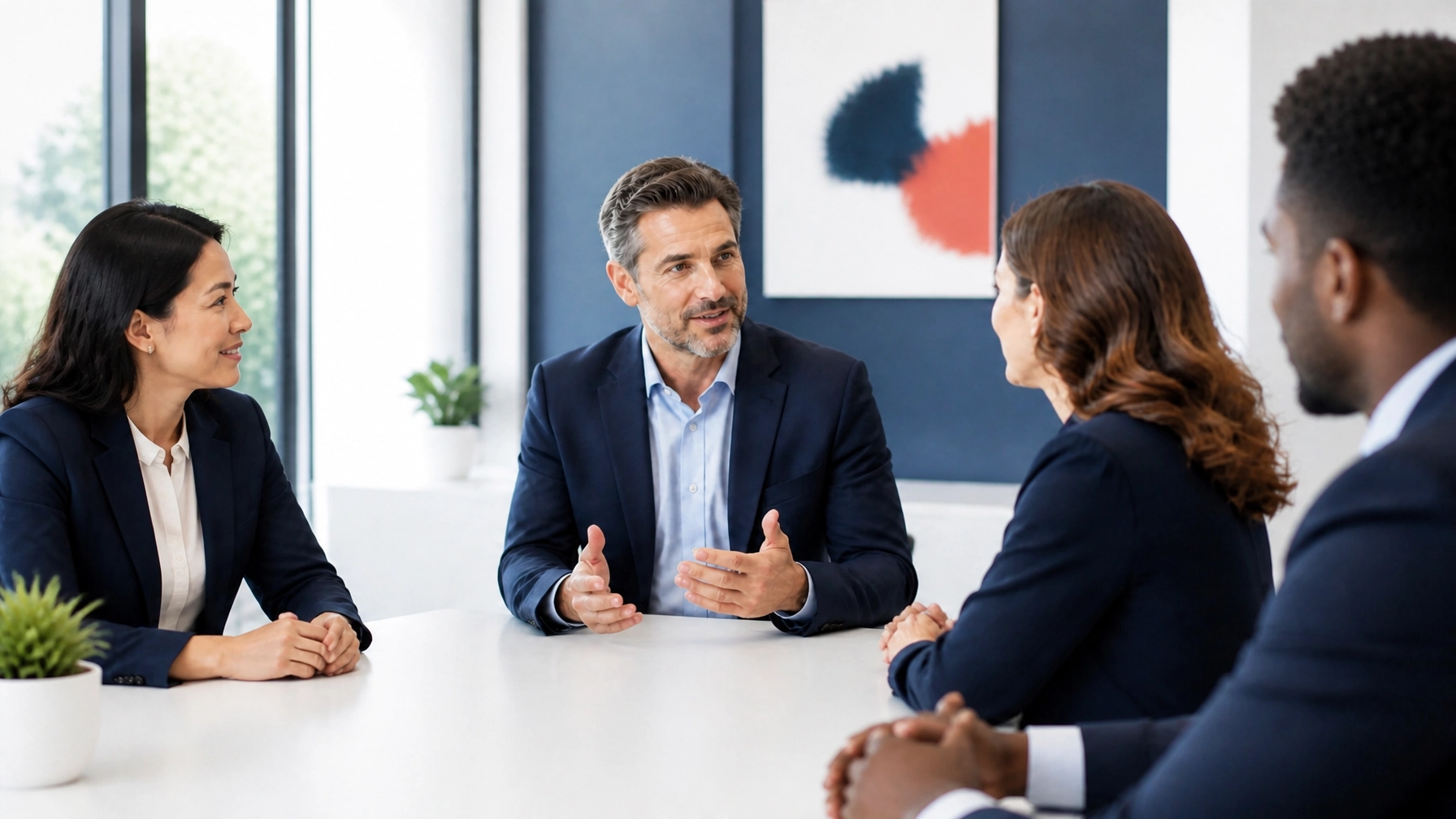 A professional insurance agent collaborating in a bright, modern meeting room with clean desk setup